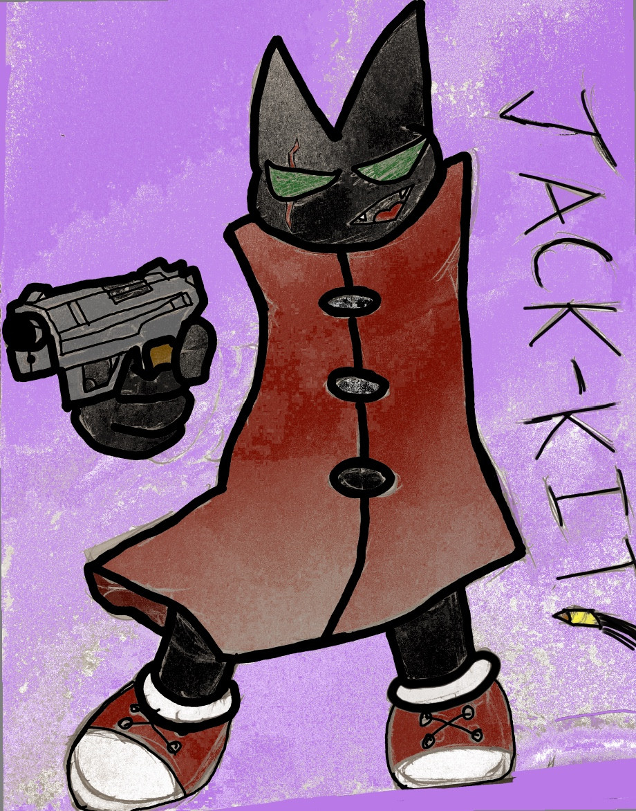 Drawing of my original character JACK-KIT. A black cat in a red jacket and red sneakers with a gun.