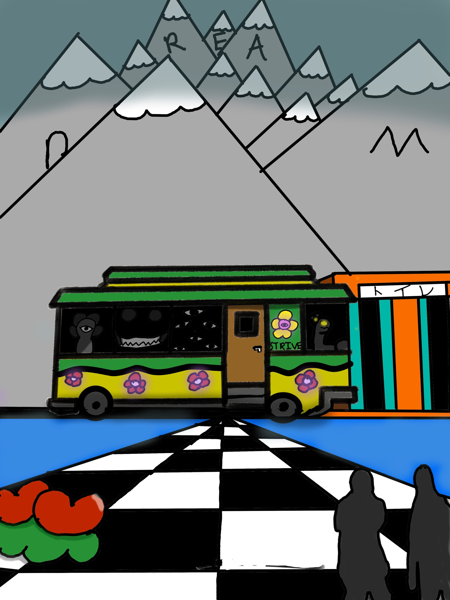 Drawing of a abstract dream I had where this bus was stopped by some mountains with a checkered road.