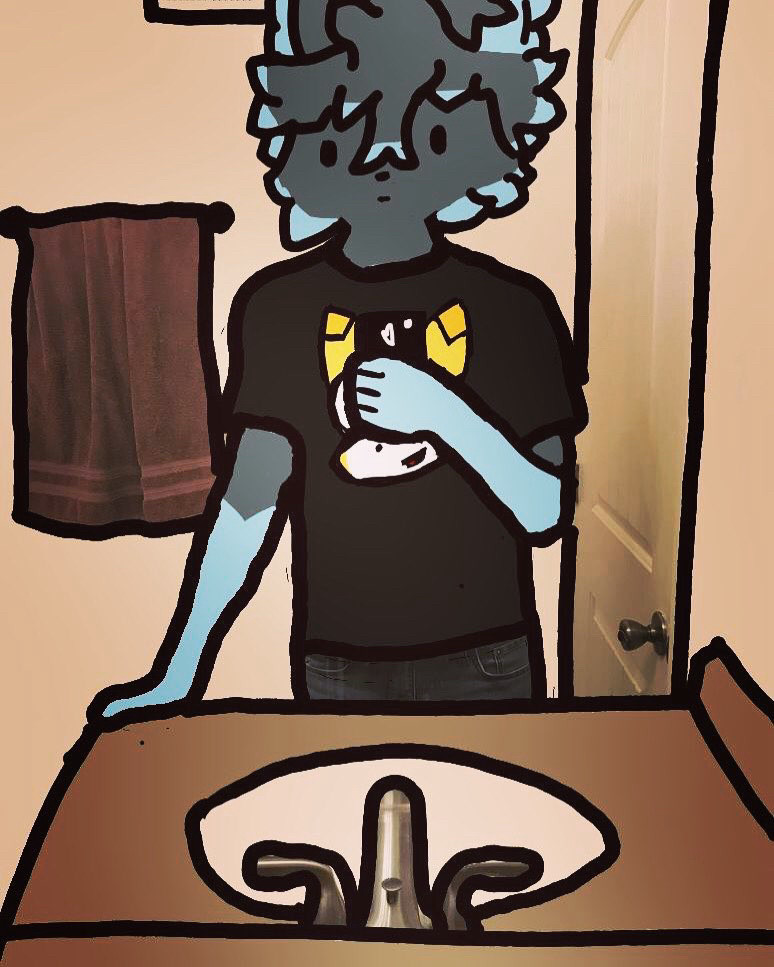 Drawing of my online persona Calimari taking a selfie in a bathroom.