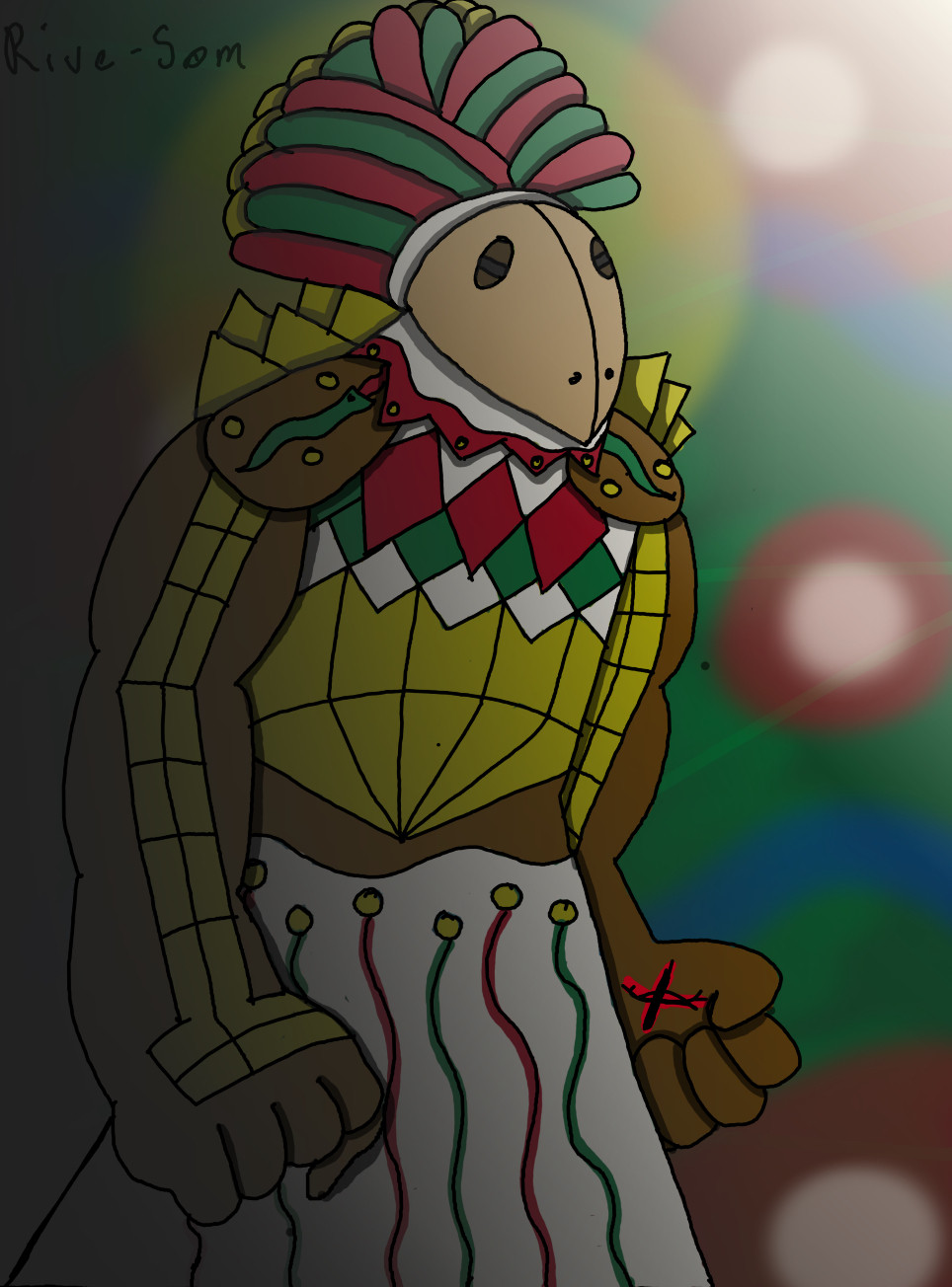 A drawing of my character Rive-Som, a masked bulky character dressed in cultural attire.