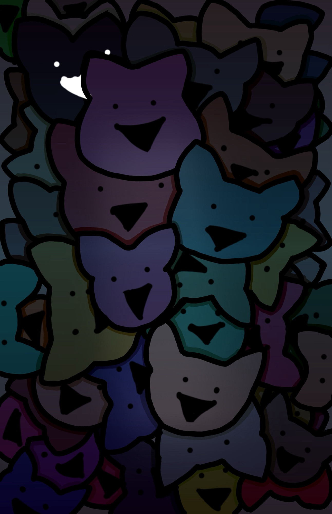 A drawing of multiple creatures called Plorts, all of them are stacked on top of eachother with different colors like stuffing in a cardboard box.