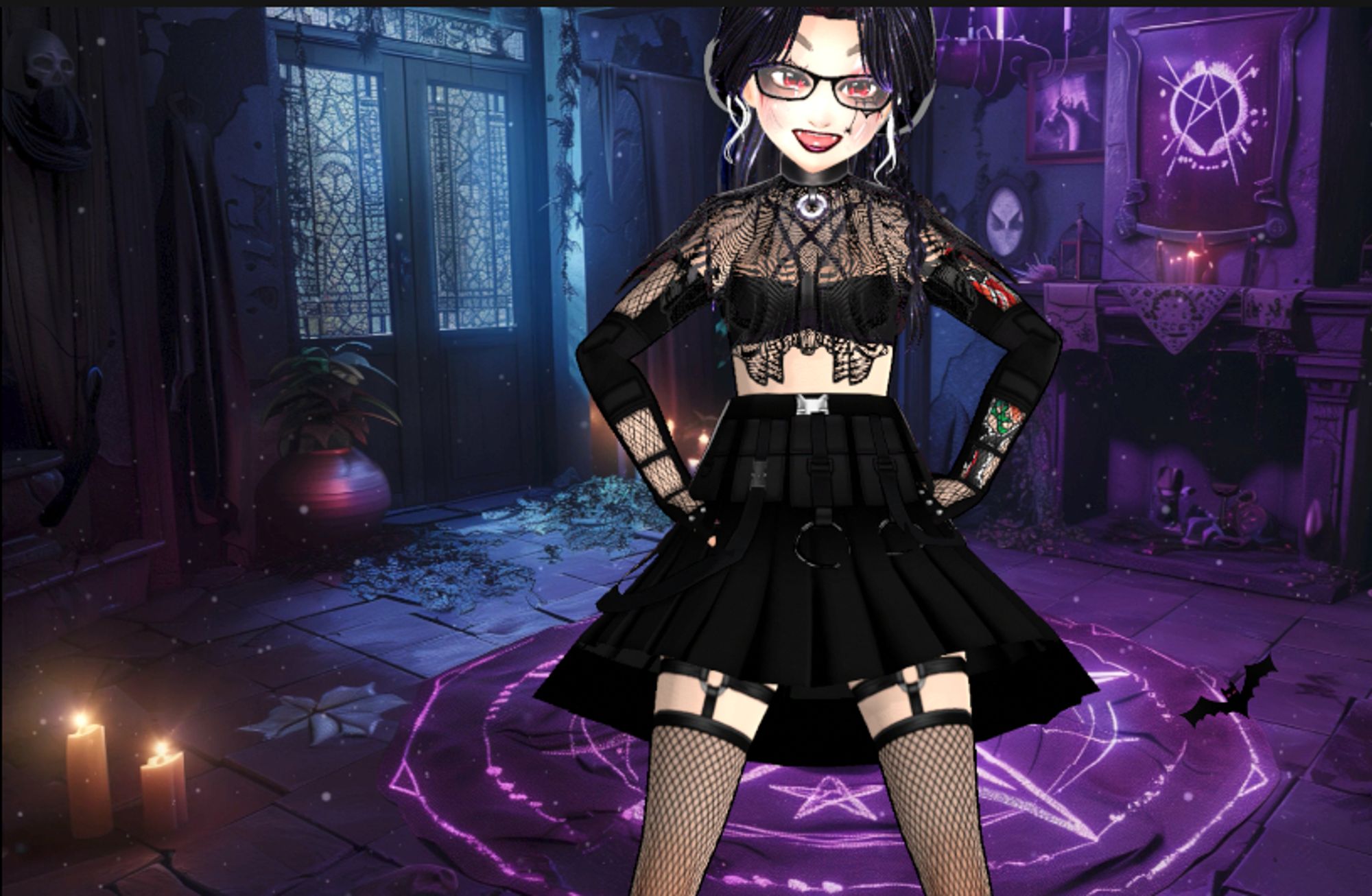 A goth VTuber with her hands on her hips.