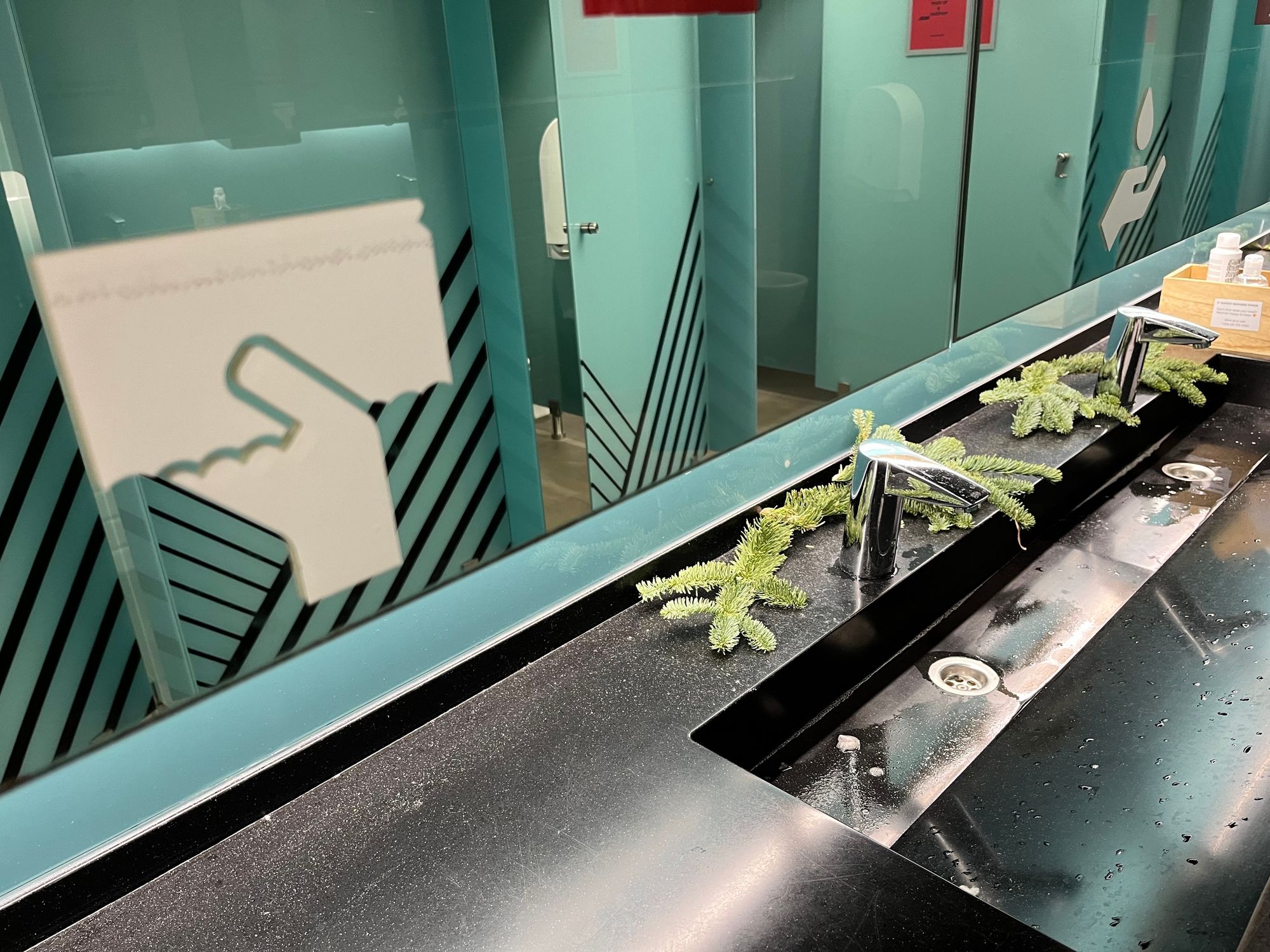 A stylish bathroom sink area with two chrome faucets, adorned with sprigs of greenery. A sign with a hand gesture is positioned on the mirrored surface. The background features teal walls and visible restroom stalls. Water droplets are on the black countertop.