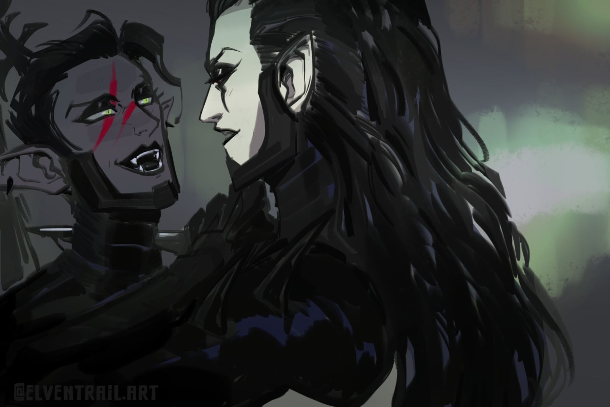 #elventrail #elfenjoyers | drukhari dark elf ocs, yzherai (left) consensually stabbed in the neck by maeglin because dark eldar are the way that they are