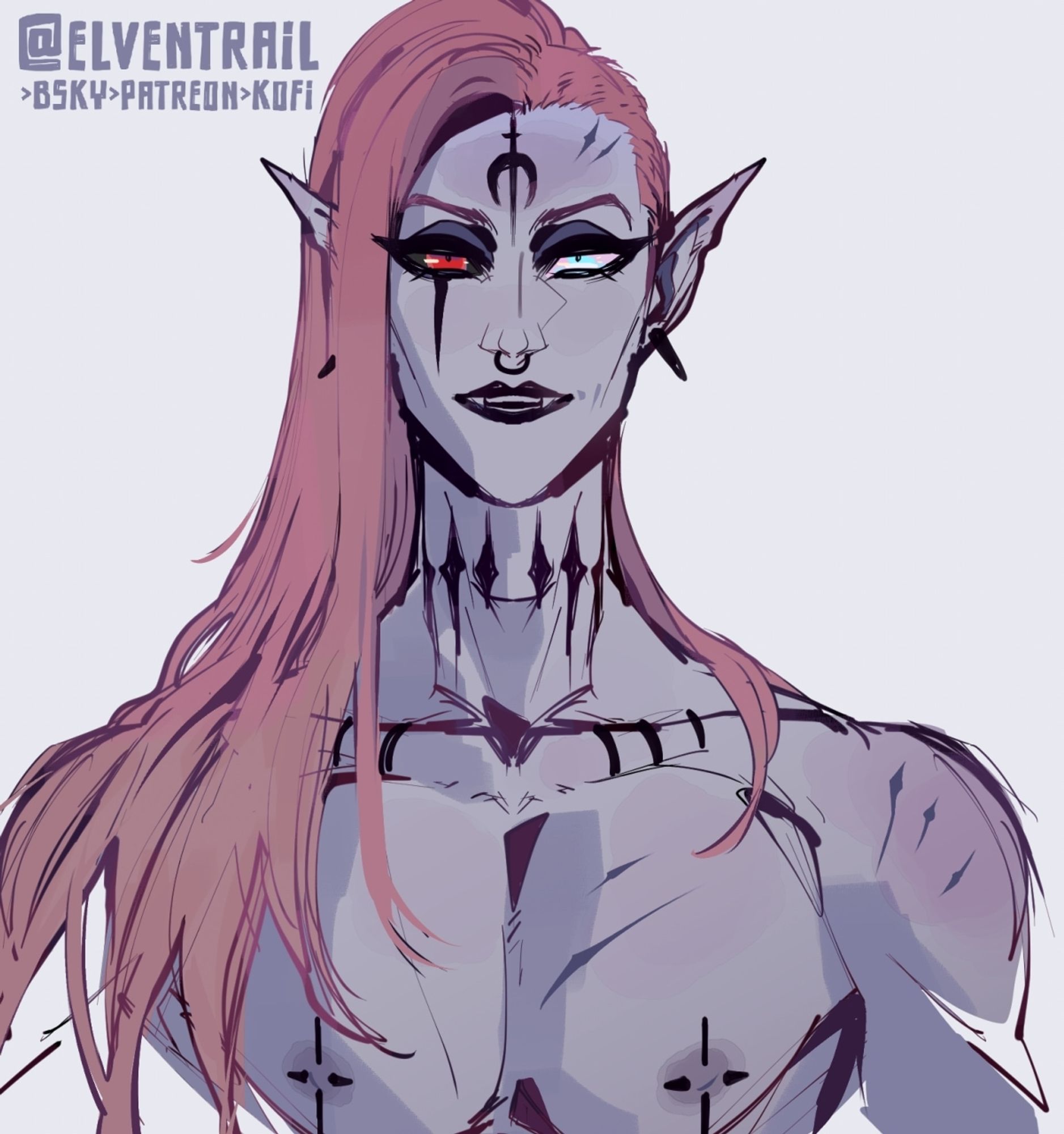 #elventrail #elfenjoyers dark elf eldar drukhari draihari oc, pale skin, desaturated pink hair, scars and piercings in uncomfortable places.