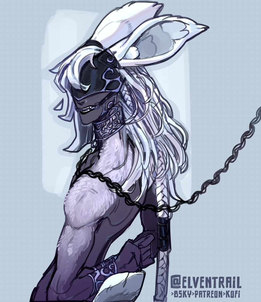 #elventrail viera bunny boy lokira unscary monsterboy. onyx grey skin, silver white haired elegant build, large rabbit ears, long braid, harness, body jewelry, gag, blindfold