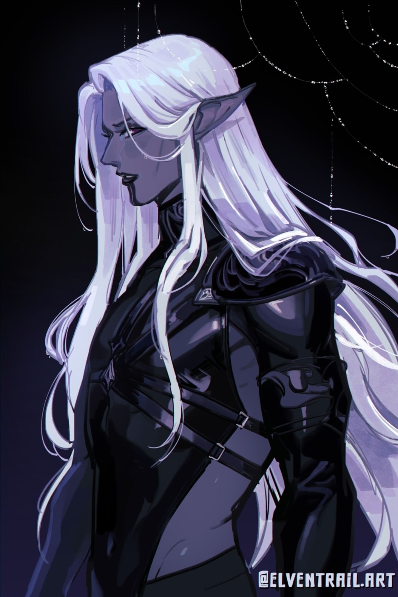 #elventrail | dark skinned drow with long white hair on dark gradient background, dew-laden spider webs dangling over top right corner