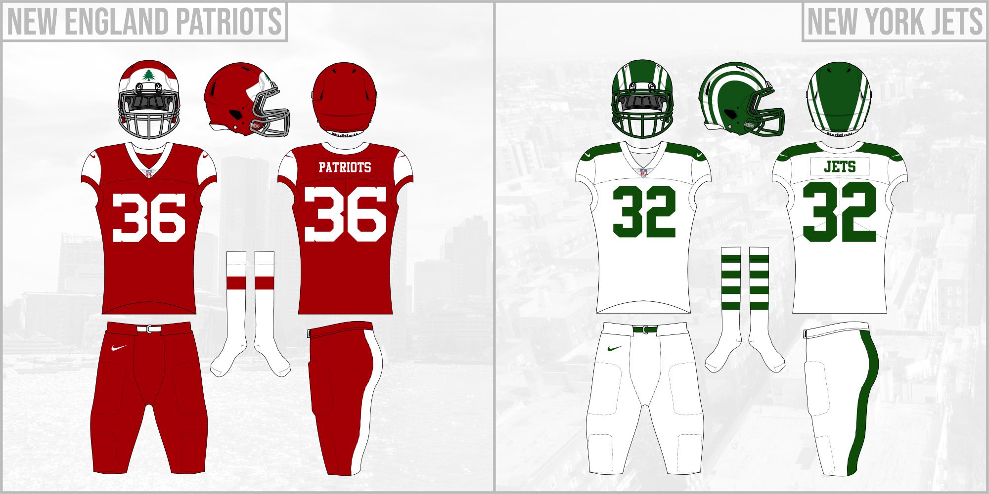 On a light gray background:

On the left, a New England Patriots uniform inspired by the 1930s Boston Shamrocks of the AFL (a different league from the 1960s AFL) and the revolutionary period flag of New England. The design features a red jersey, pants and helmet. The jersey features white sleeves, collar, and numbers, while the pants include white back of leg stripes. The helmet features a white front panel with a small green pine tree. The socks are white with a single red stripe.

On the right, a New York Jets uniform inspired by 1930s football aesthetics and Dartmouth University's football helmet stripes. This uniform is all white, with a green helmet. The jersey features green shoulder yokes and numbers while the pants have green back of pants stripes. The helmet features two curving white stripes on each side inspired by contrails of jet planes. The white socks feature 4 green stripes each.