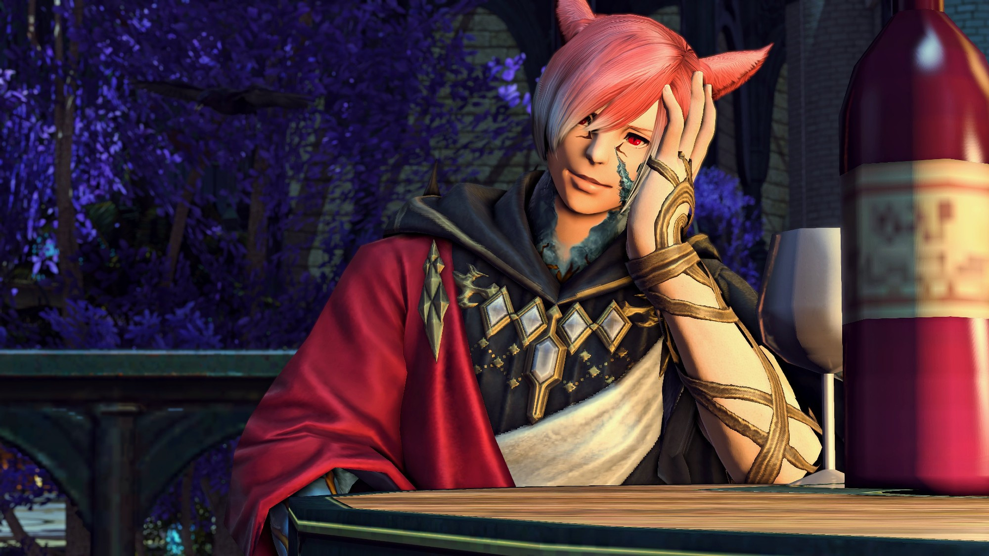 The Crystal Exarch sits in front of a table at the Wandering Stairs with a glass and bottle of wine off to his left. With his left elbow propped on the table, he leans his head against his hand and gazes affectionately at the Warrior of Light offscreen.