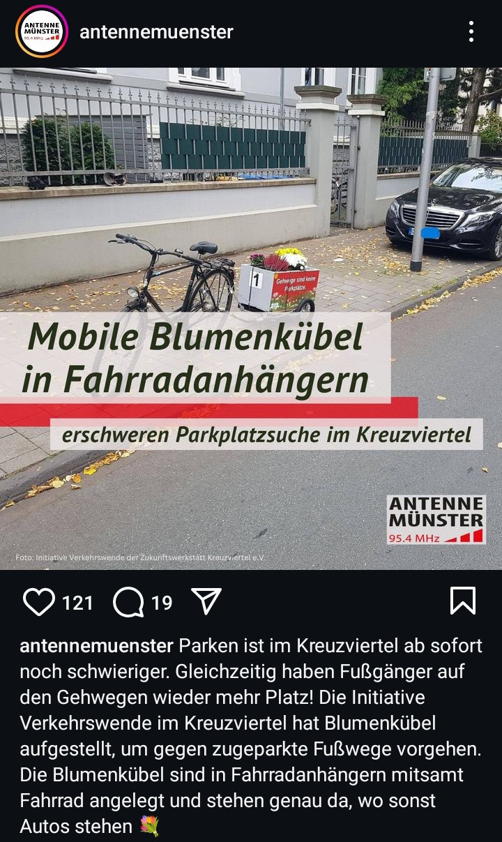 Instagram Posting von Antenne Münster dass Parkplatzsuche im Kreuzviertel in Münster jetzt schwieriger ist.