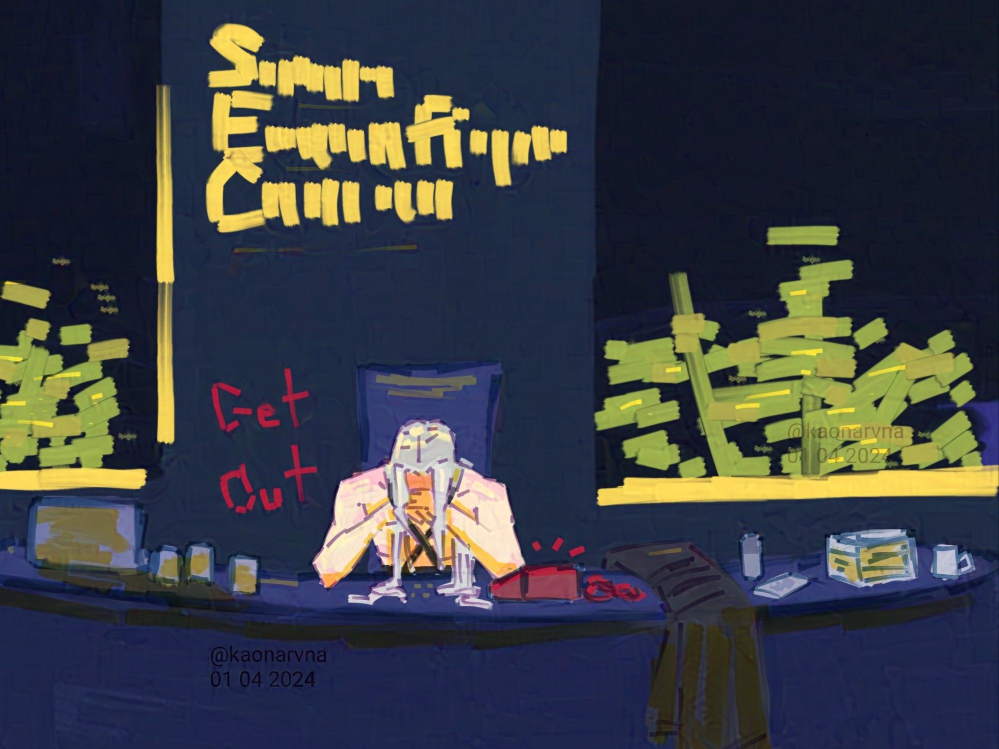 A brightly coloured digital artwork with chunky brushstrokes. Sephiroth sits at the director's desk with his head in his hands, hair spilling onto the desk. His coat is laid across it. The desk Is cluttered with empty coffee cups and stacks of paper. The words "Get out" are written beside him.