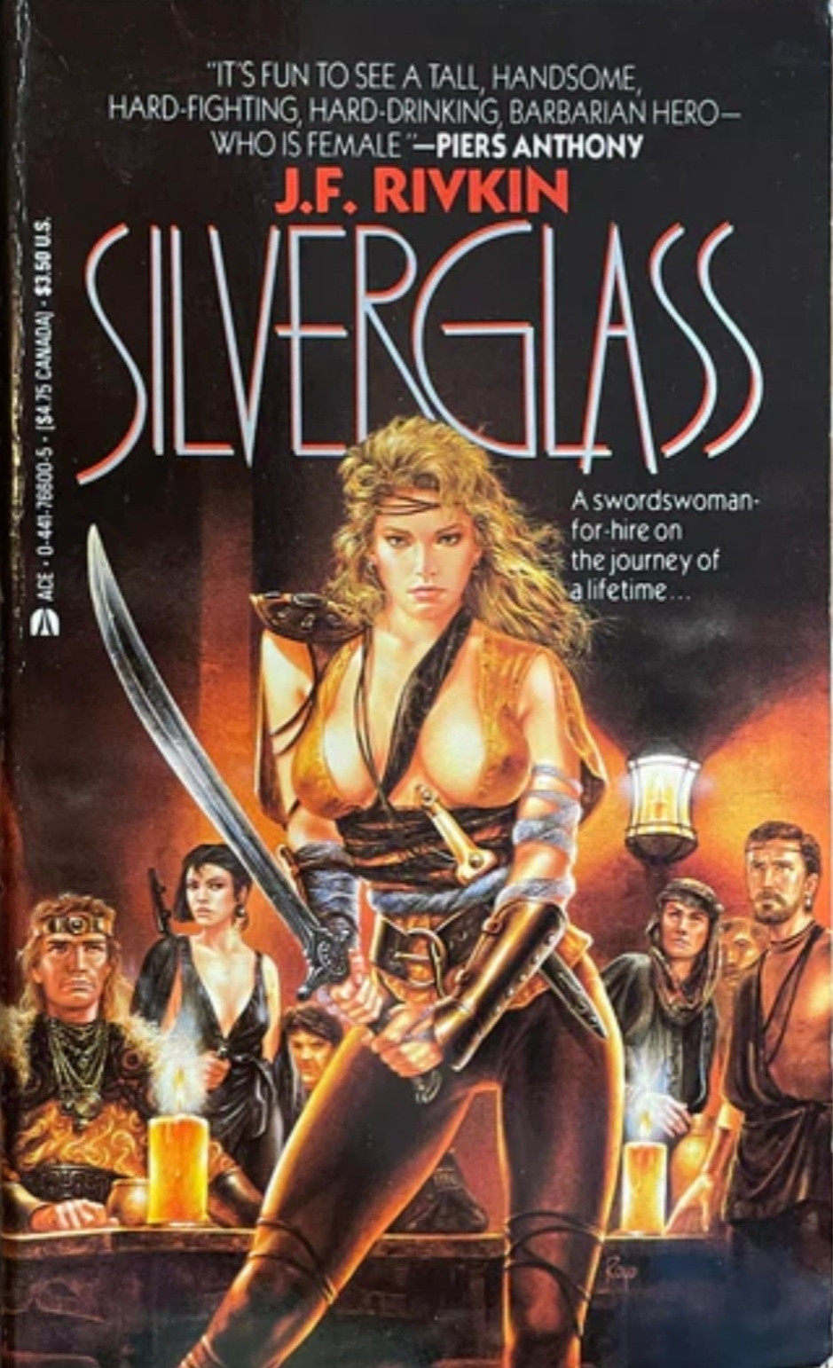 SILVERGLASS book cover featuring an 80s big hair warrior wielding a sword