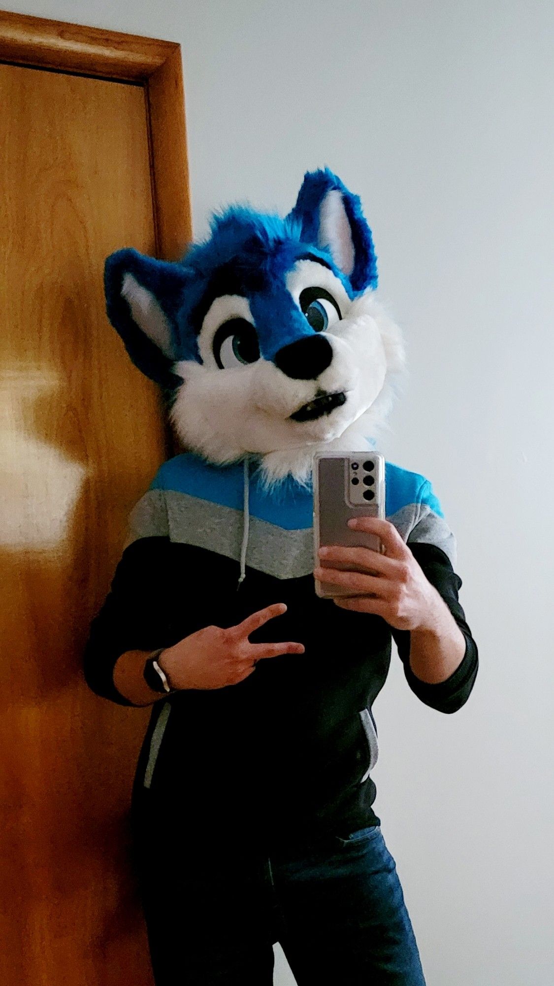 Me wearing Blaze Husky's head in front of the mirror. Trying to look cool, but honestly ended up just looking cute.