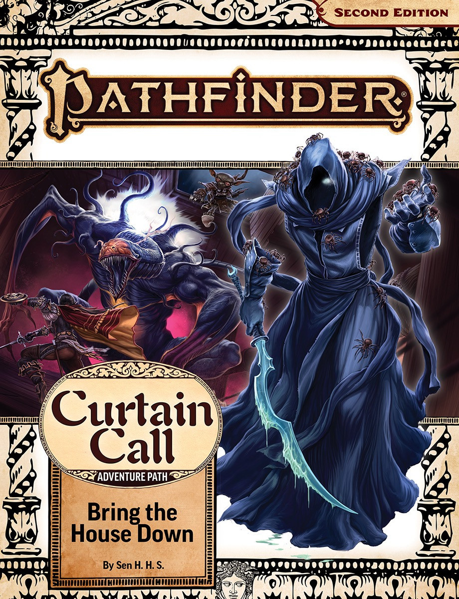 Cover of Curtain Call: Bring the House Down, featuring a menacing Norgorber. The picture behind him features Fumbus and Jiriel fighting an astradaemon.