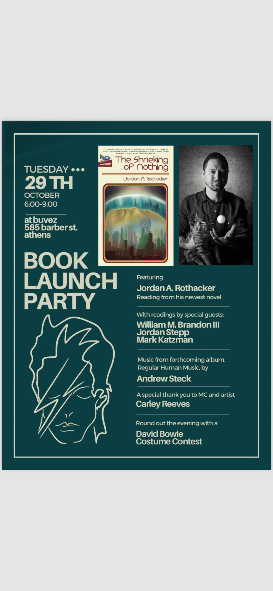 poster for Jordan Rothacker's Book Launch party on Tuesday the 29th of October at Buvez in Athens, GA. Jordan Stepp is a name on the poster.