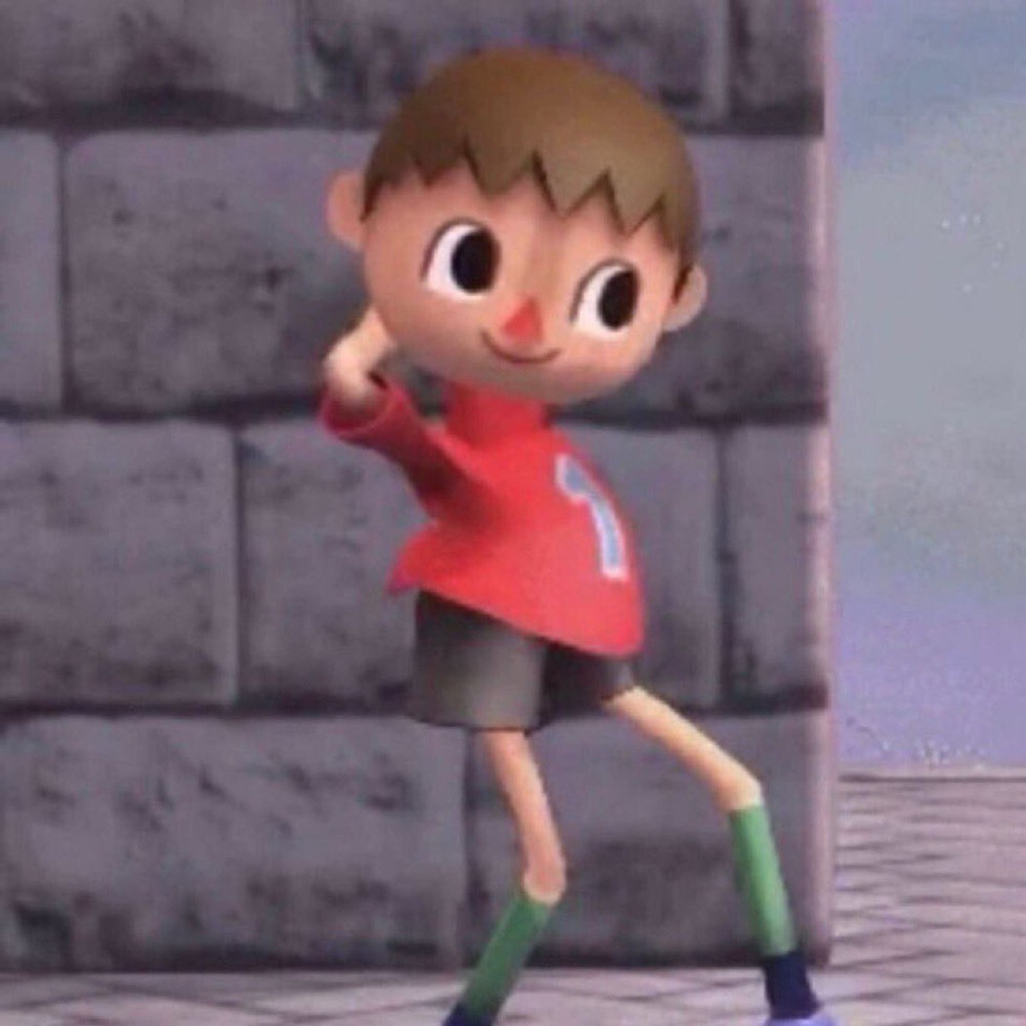 personagem humano de animal crossing com pernas mais longas que o normal, fazendo pose