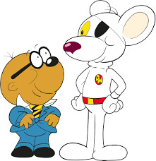 Dangermouse, a white bipedal swashbuckling mouse with an eye patch and a can-do attitude, and Penfold, his suit wearing and bespectacled terrified hamster sidekick.