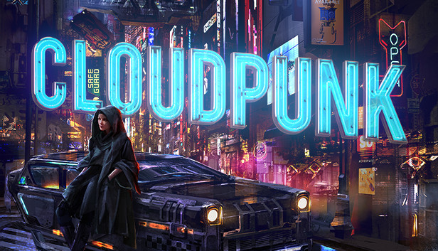 The cover art for Cloudpunk shows main character Rania, a woman in a rain coat with a big hood, lounging against her hover car on a street soaked in equal proportion by rain and neon.