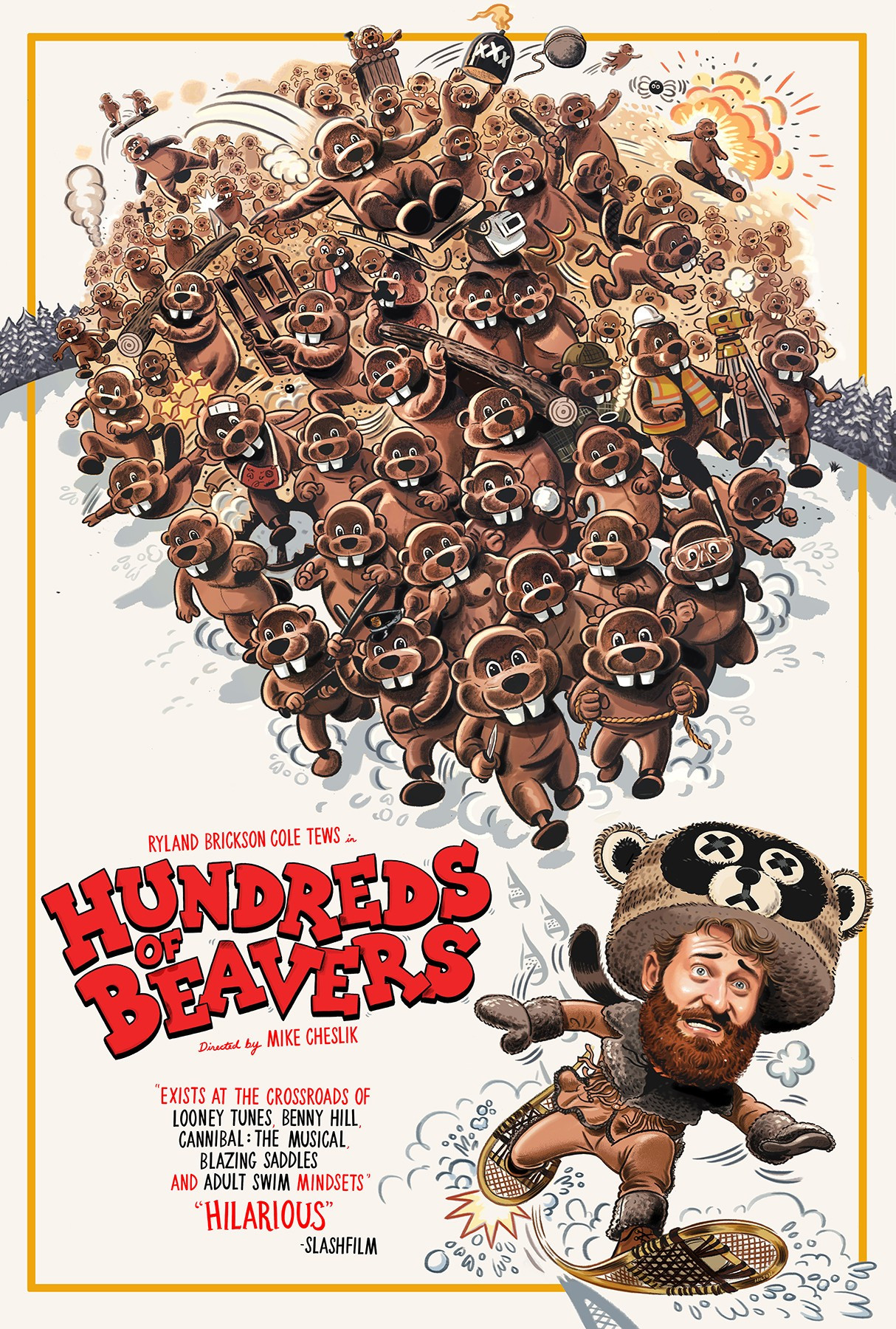 The poster for Hundreds of Beavers shows trapper Jean Kayak fleeing for his life from hundreds of bipedal beavers