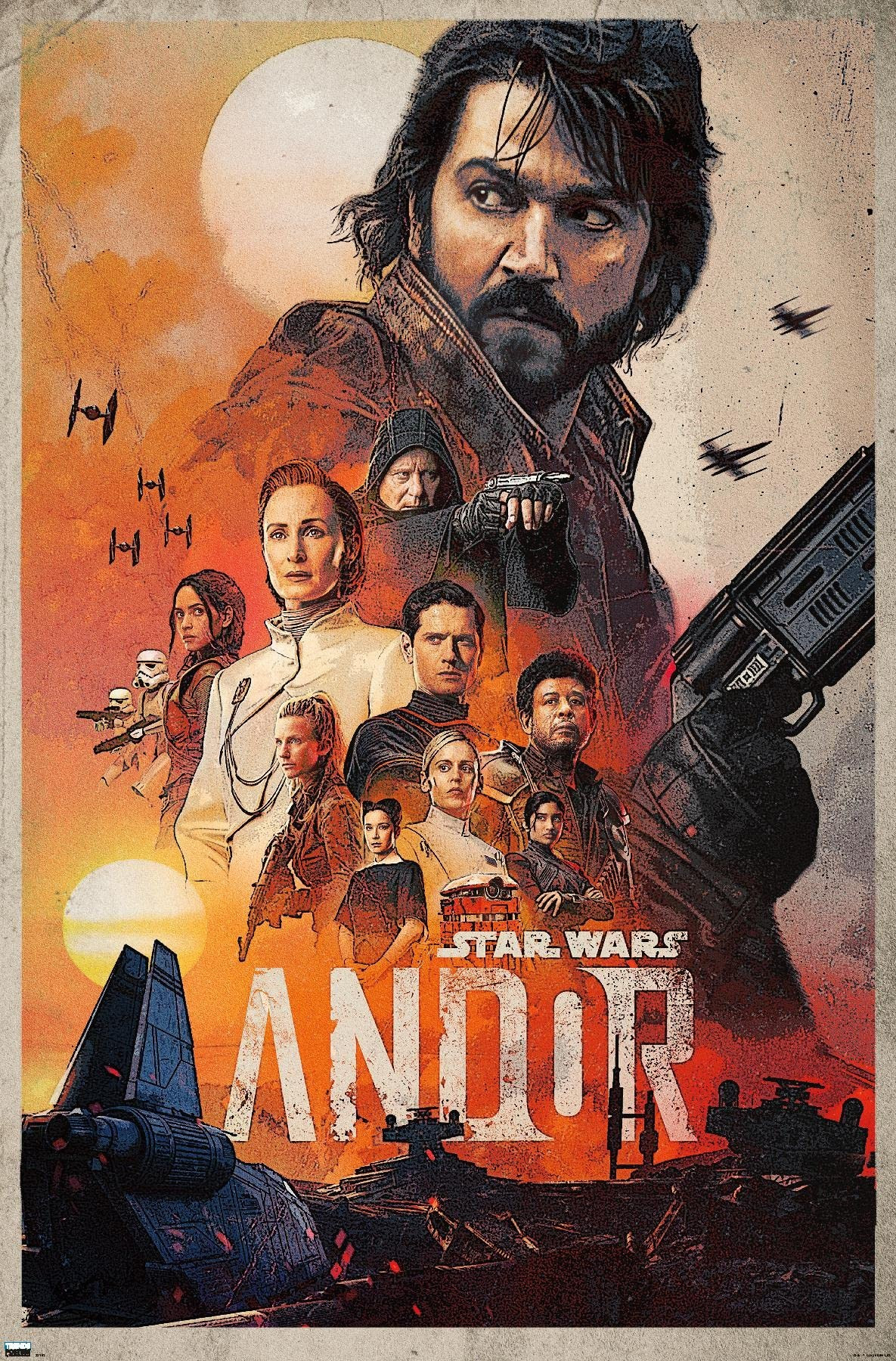 The poster for Andor Season 1 shows Cassian Andor, a man with mid length dark hair and a beard, standing side on holding a gun. X-Wing and TIE Fighter spacecraft flood the sky behind him and every other major character in the series appears in portrait within his outline