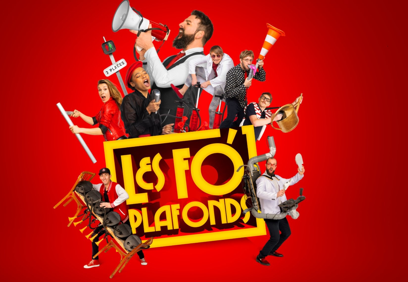 The art for French band Les Fo'Planfonds shows the band members arranged around yellow letters spelling their name against a red backround. The band are all dressed smartly and playing various utensils, like very eccentric scientists at an unusually good dinner party.

=