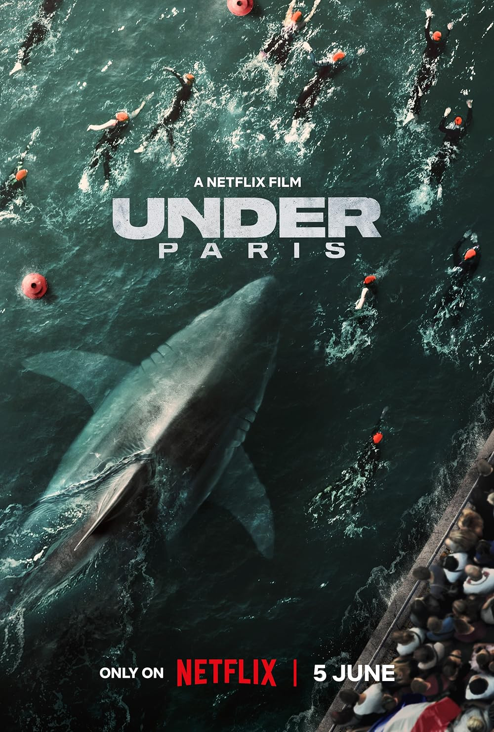 The poster for Under Paris shows a top down view of Lilith, the shark, terrorizing swimmers in the Seine.