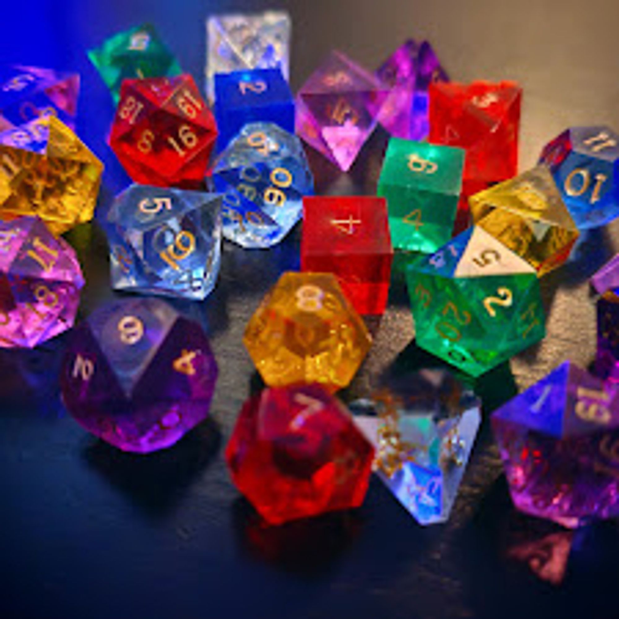 Colourful transparent Gamescience polyhedral dice with sharp edges