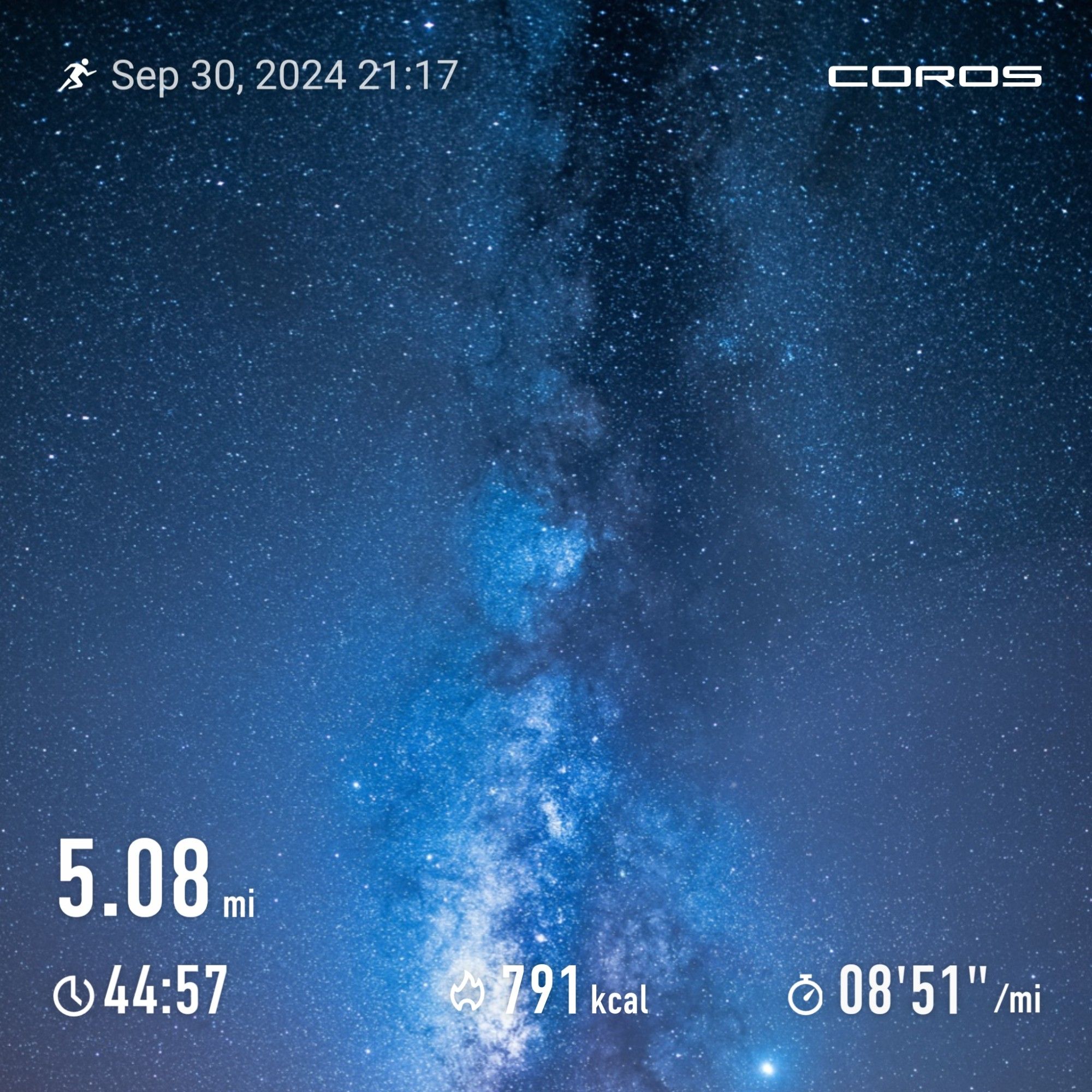 Stats from tonight's run. 5.08 mi, 44:57, 791 kcal, 08'51" /mi. White text over a picture of a night sky emblazoned with stars and presumably the Milky Way running down the middle.