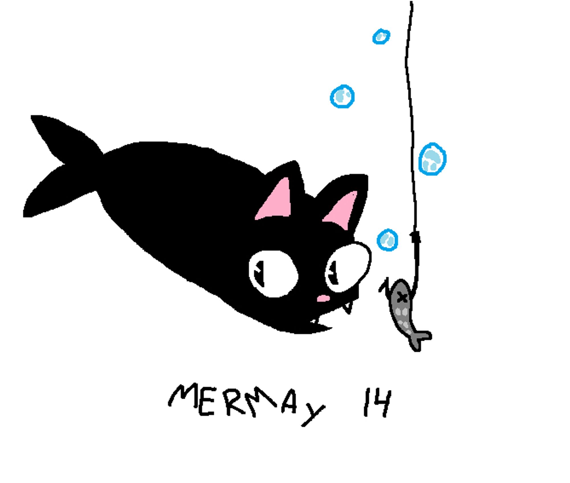 ms paint illustration of a mercat that is shaped like a sausage, that is about to be caught by a fishingline with a fish on