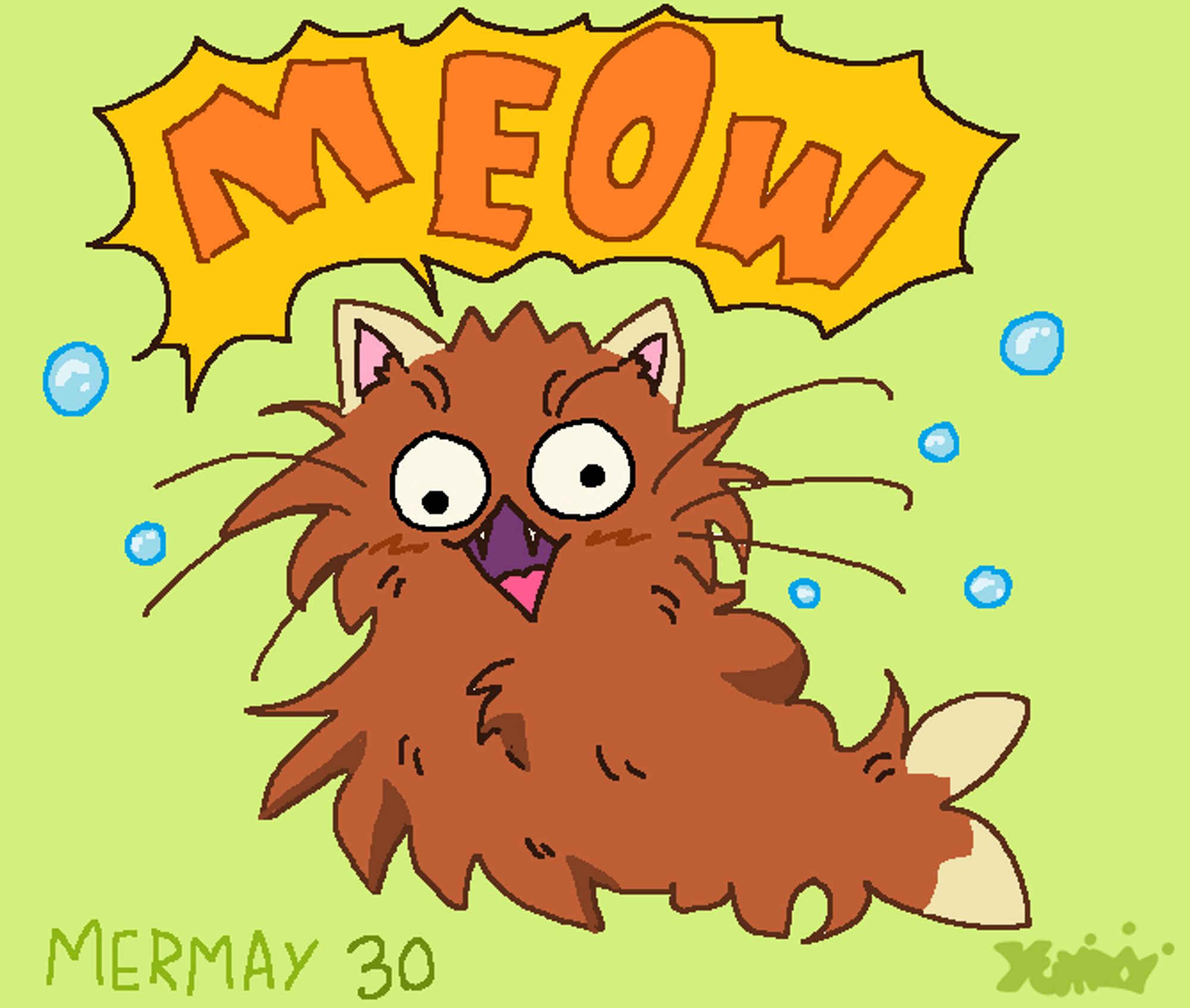 Digital drawing made in MS paint.
There is a very fluffy brown cat with white ears and a fish tail doing a really big "Meow".
Super goofy vibes.