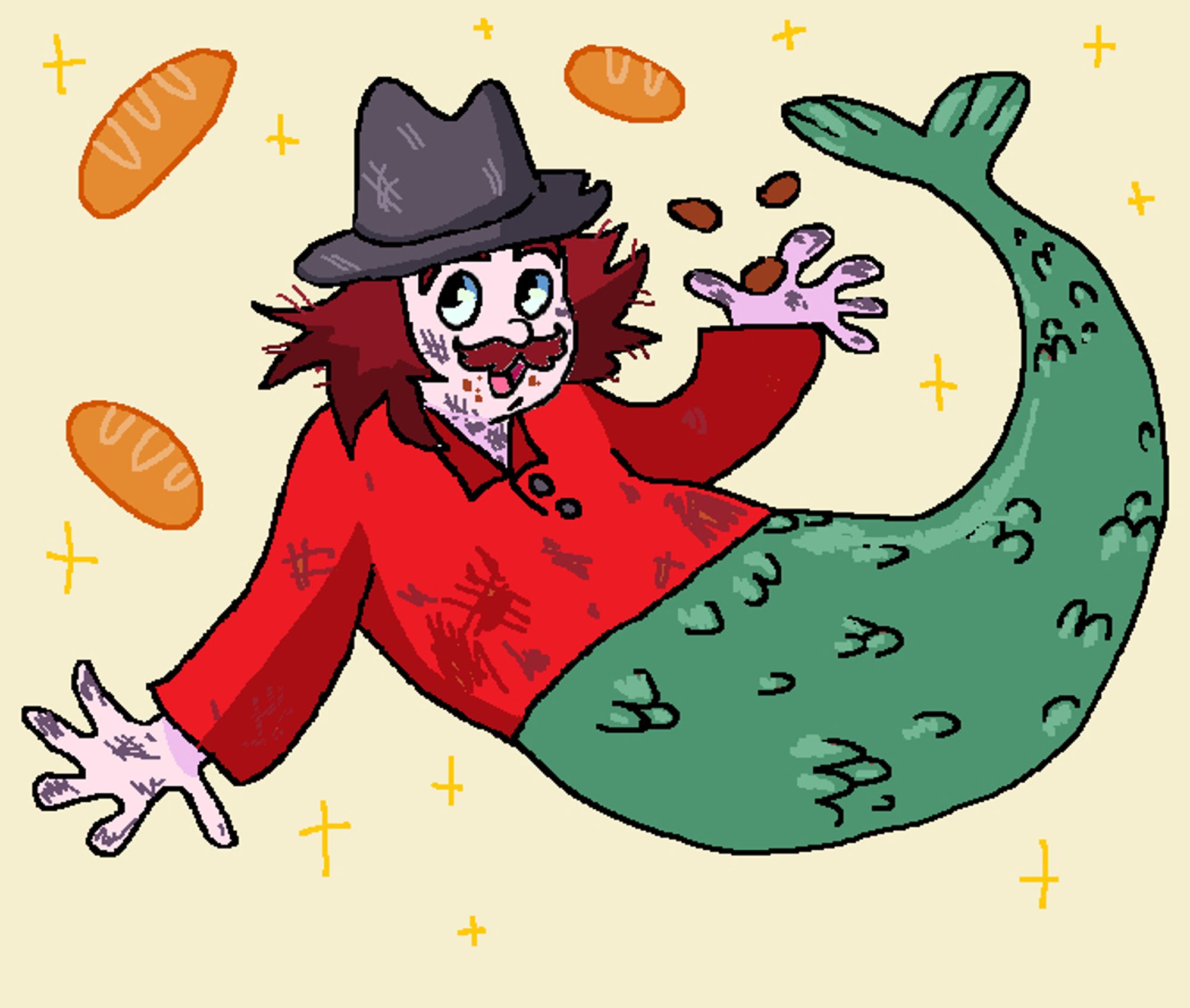 MS paint illustration of Jonathan from "When the robbers came to cardamom town" as a mermaid. he is holding three peppernuts, as a reference to the story when the robbers got arrested.