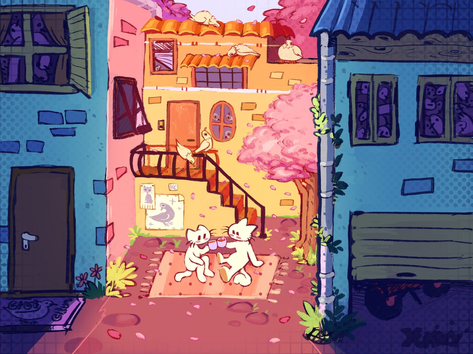 Digital illustration of two simple humanoid cats drinking tea in an alley.
There are two dark cold buildings on the sides, that frame the middle that has an alley, that is very warm and gives a feeling of love.

The the buildings, all the windows have a bunch of pigeons.