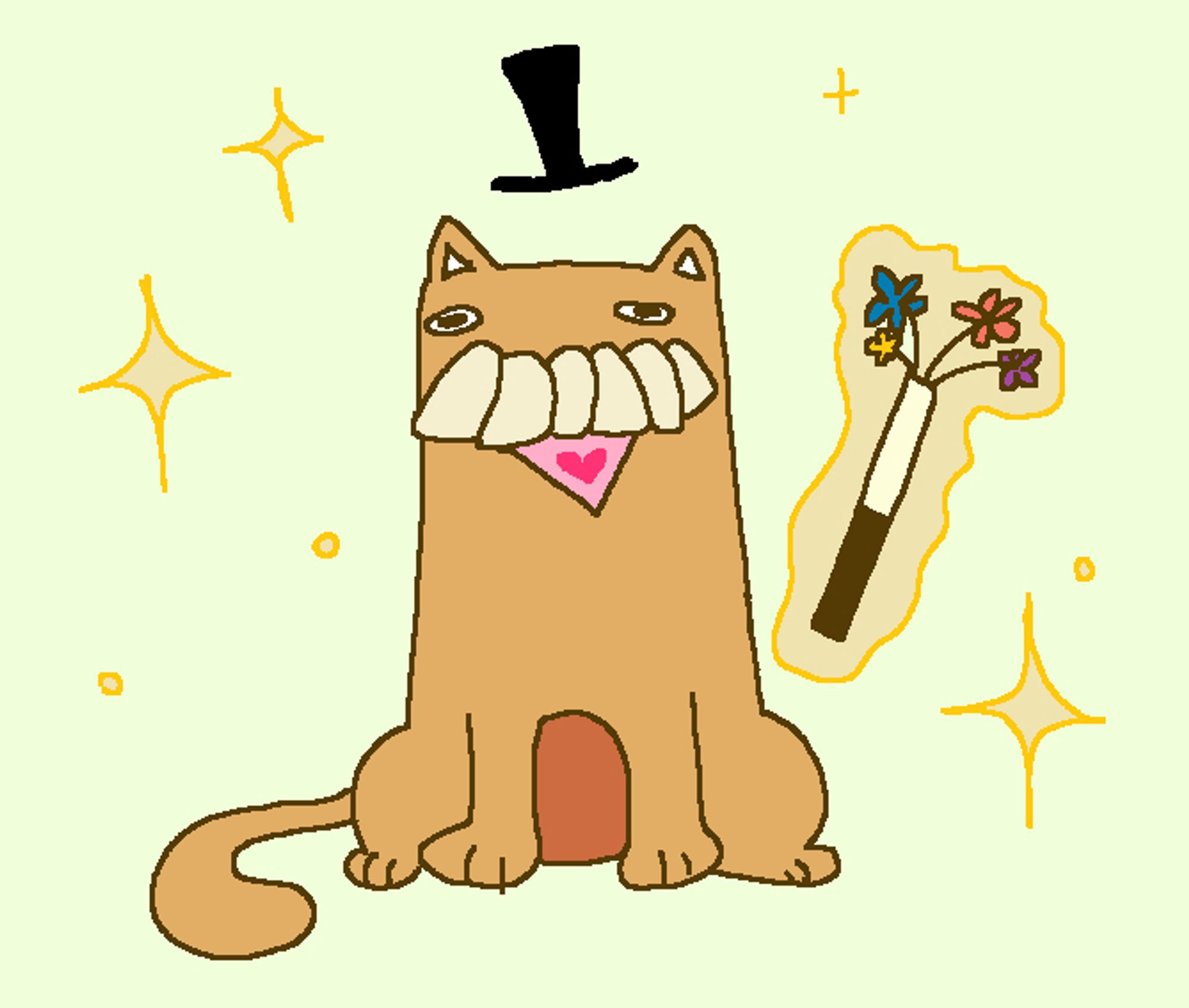 MS Paint illustration of a goofy cat with really big teeth and a tophat. the cat is with magic holding a wand with flowers coming out of it.