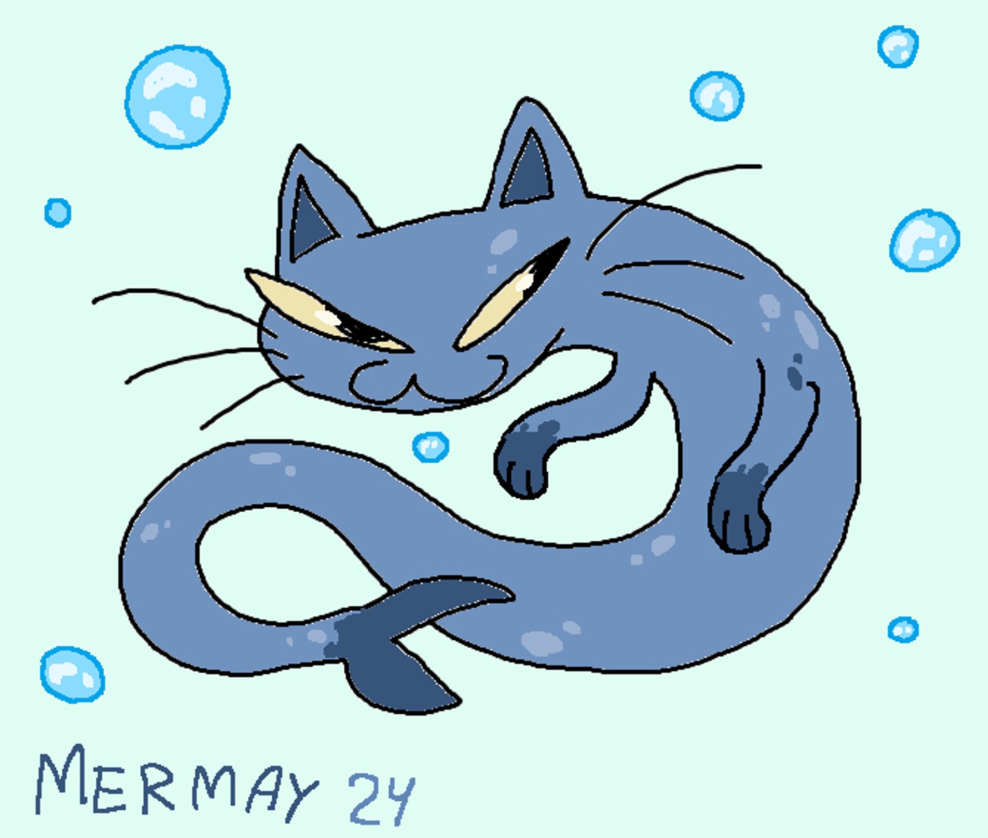 digital drawing of a seemingly very sneaky cat with a fish tail.