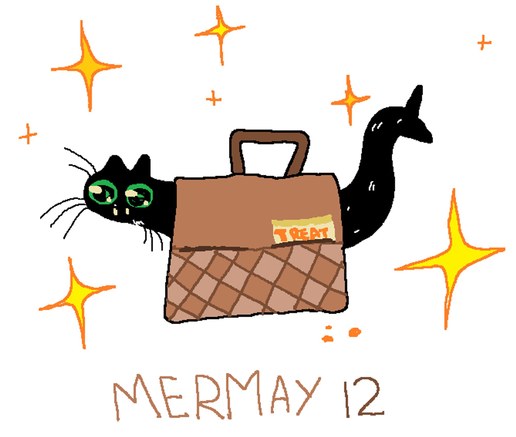 An MS Paint illustration, of a cat mermaid in a very luxurious handbag. it's such a beautiful setting, so everything is sparkling.