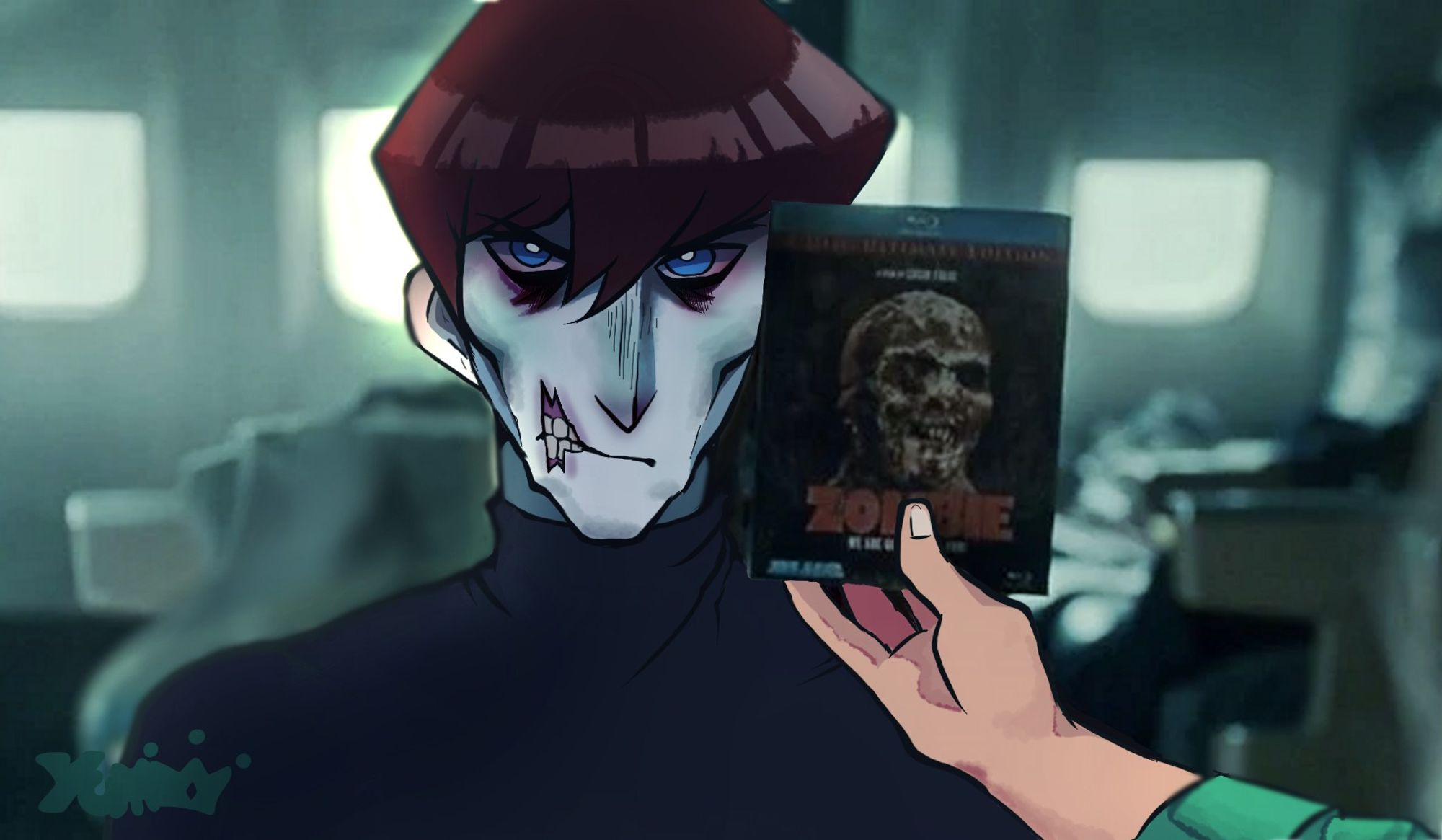 A drawing of Seto Kaiba as a zombie and a zombie DVD is held up against his face.