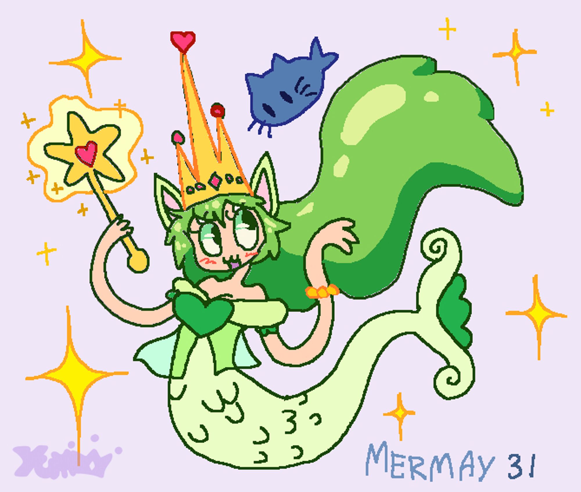 Digital drawing made in Ms paint.
It's a drawing of a green mermaid princess holding the coolest magic wand. She has a really big crown on, because she is like super royal.
The mermaid princess has a cat fish sidekick.
everthing is supper glittery and adorable!