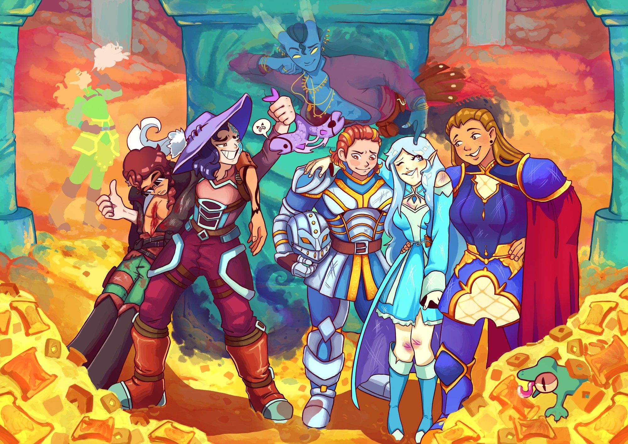 Digital illustration of a commission from Dragon Heist.
In the foreground, there is a lot of money and a green goofy lizard.
in the middle ground, 6 characters are standing beside each other in front of a pillar in victory. On the left side a character in sunglasses, slouching down with two big chest wounds. he is very dead.
besides him, a person is holding him up, and they are in triumph holding a fish with an eyepatch on. In the middle, a person is helping a girl standing, since she has gotten pretty roughed up. 
The last person is also helping hold up the person. The the background there are piles and piles of money and gold and a person is standing in victory blowing off some magic dust from his fingers