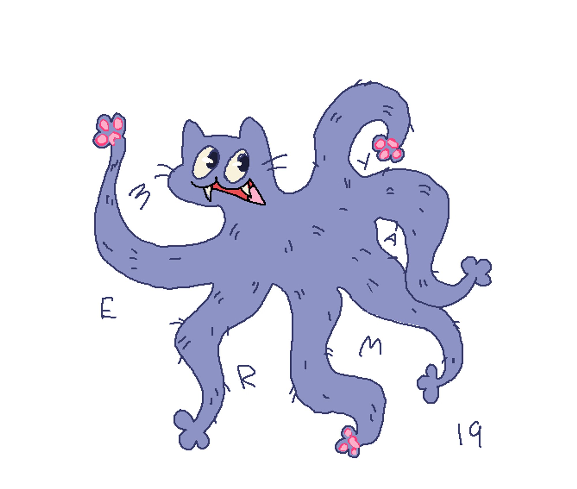 Ms paint illustration of a catipus. The merge of a cat and an octipus.
The creature has 6 long furry arms with paws at the end, and the head is a silly cat head with a goofy smile.