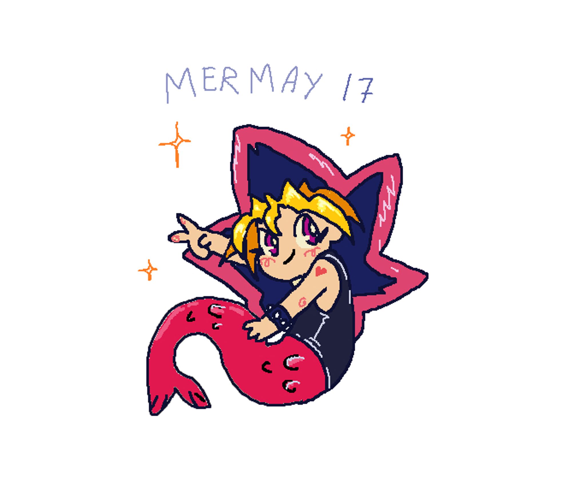 Ms Paint illustration of yugi muto form Yugioh as a cute little mermaid doing a peace sign.