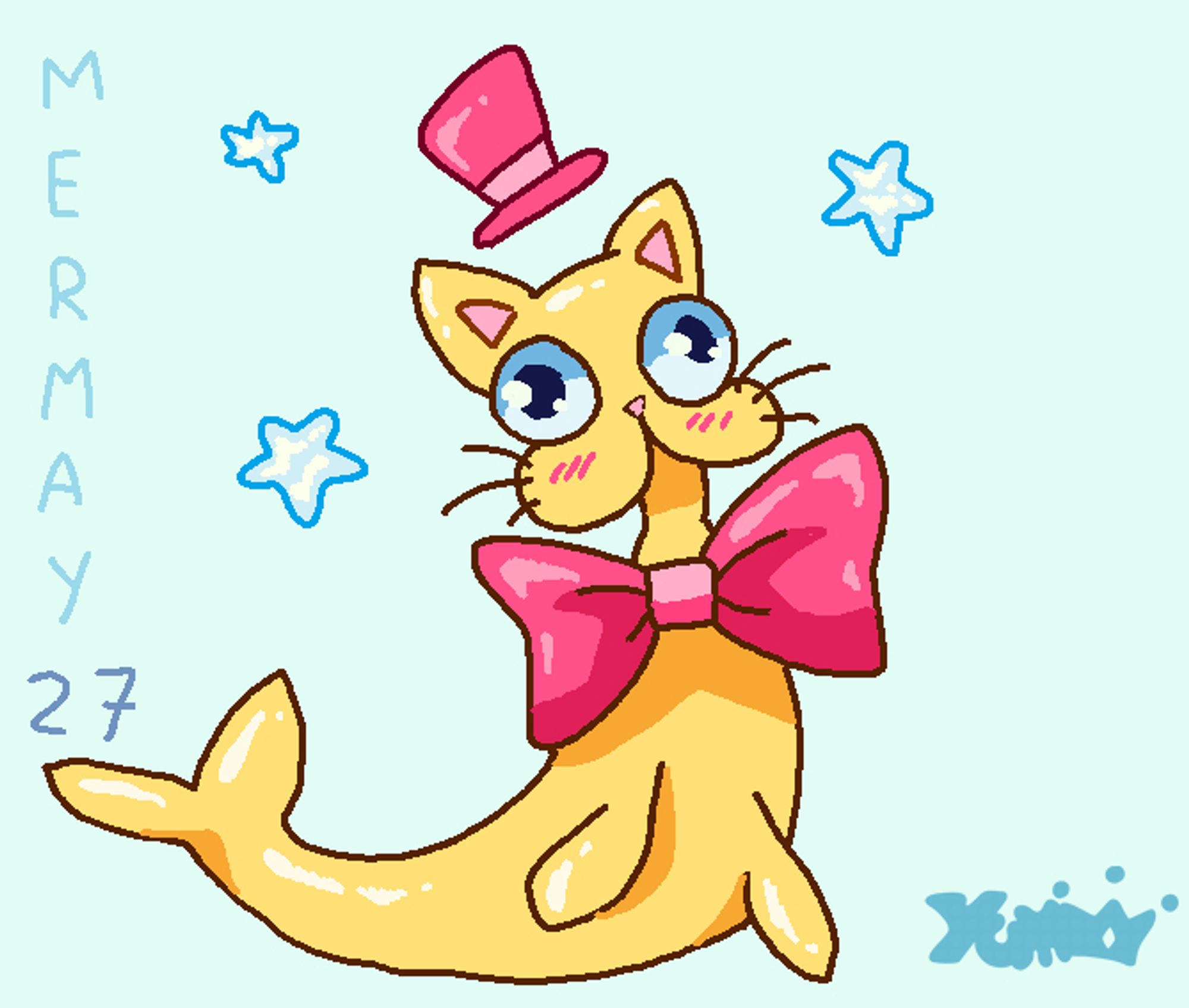 Digital illustration made in MS Paint.
The illustration is of a cat mixed with a sea lion. it's yellow, wearing a pink hat and a BIG pink bowtie.