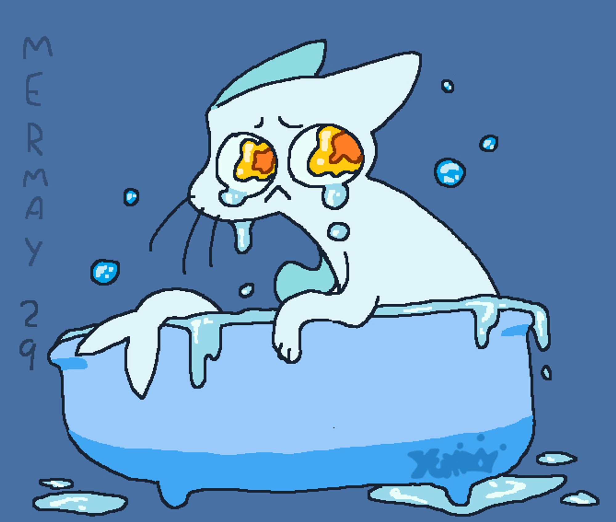 Digital drawing made in MS piant of a sad mercat sitting in a bathtub crying a little, having a rough day.