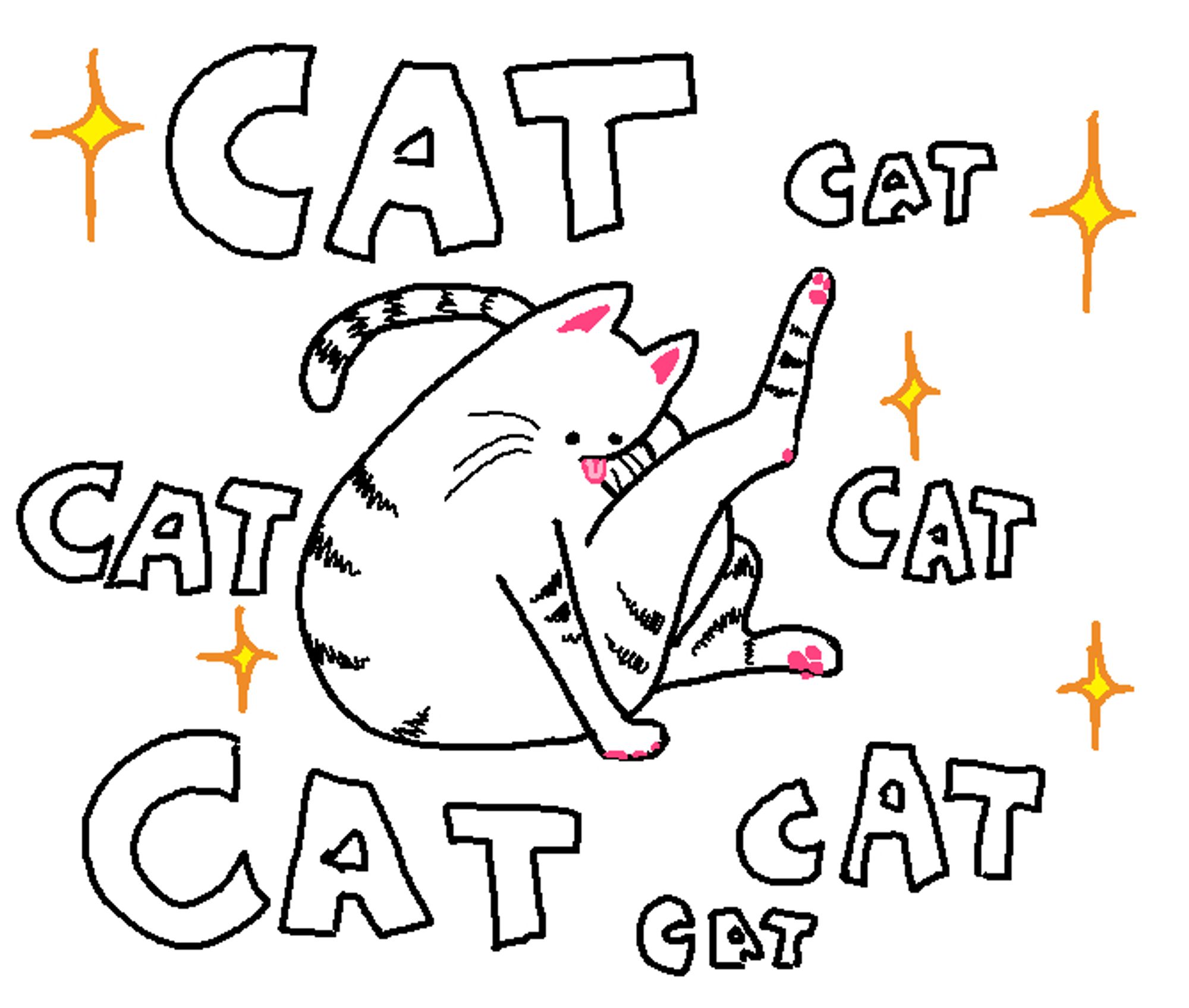 ms paint illustration of a white cat with stripes licking its own leg, with the word cat plastered all over the drawing.