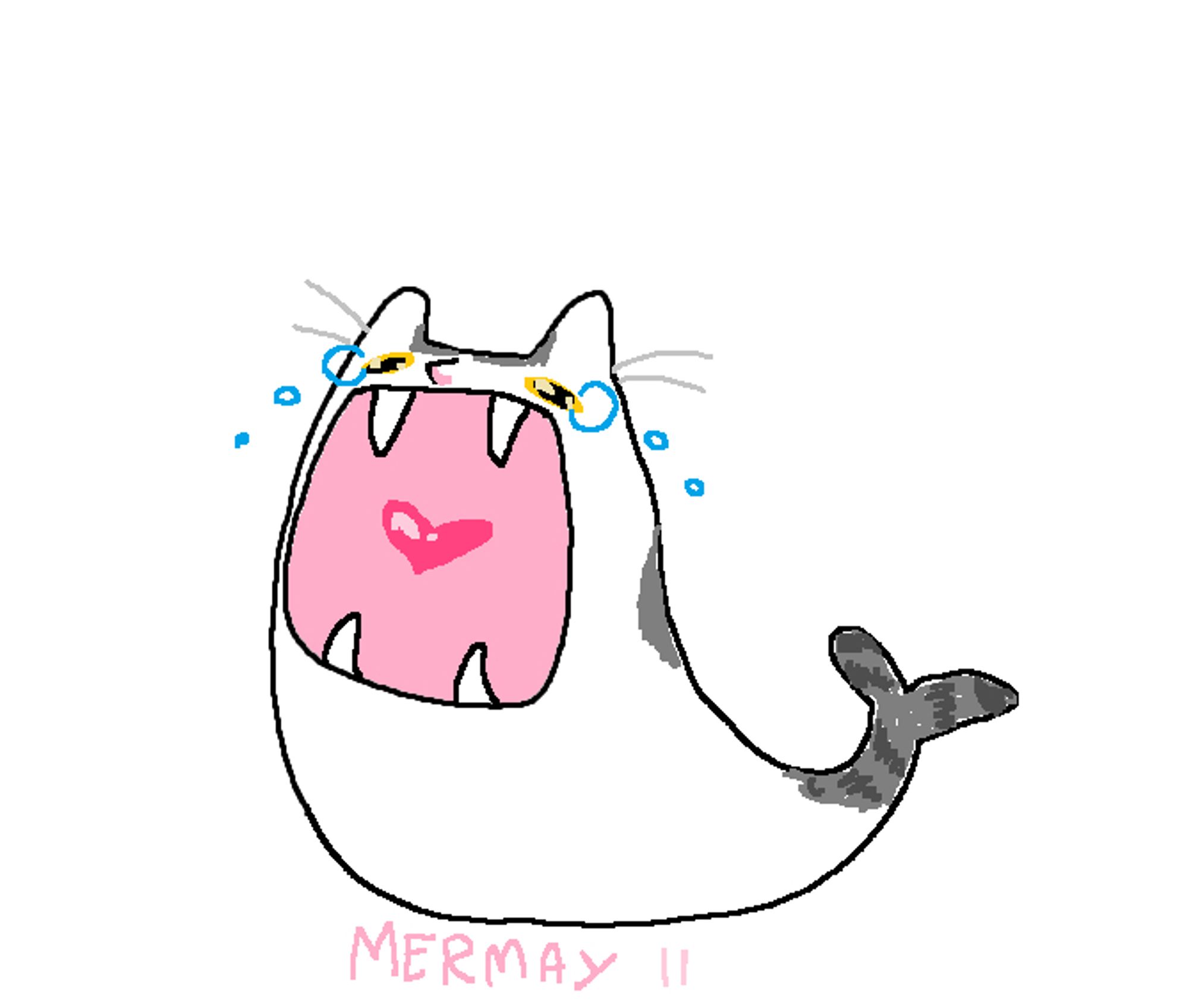 ms paint illustration of a cat mermaid with a huge mouth crying.