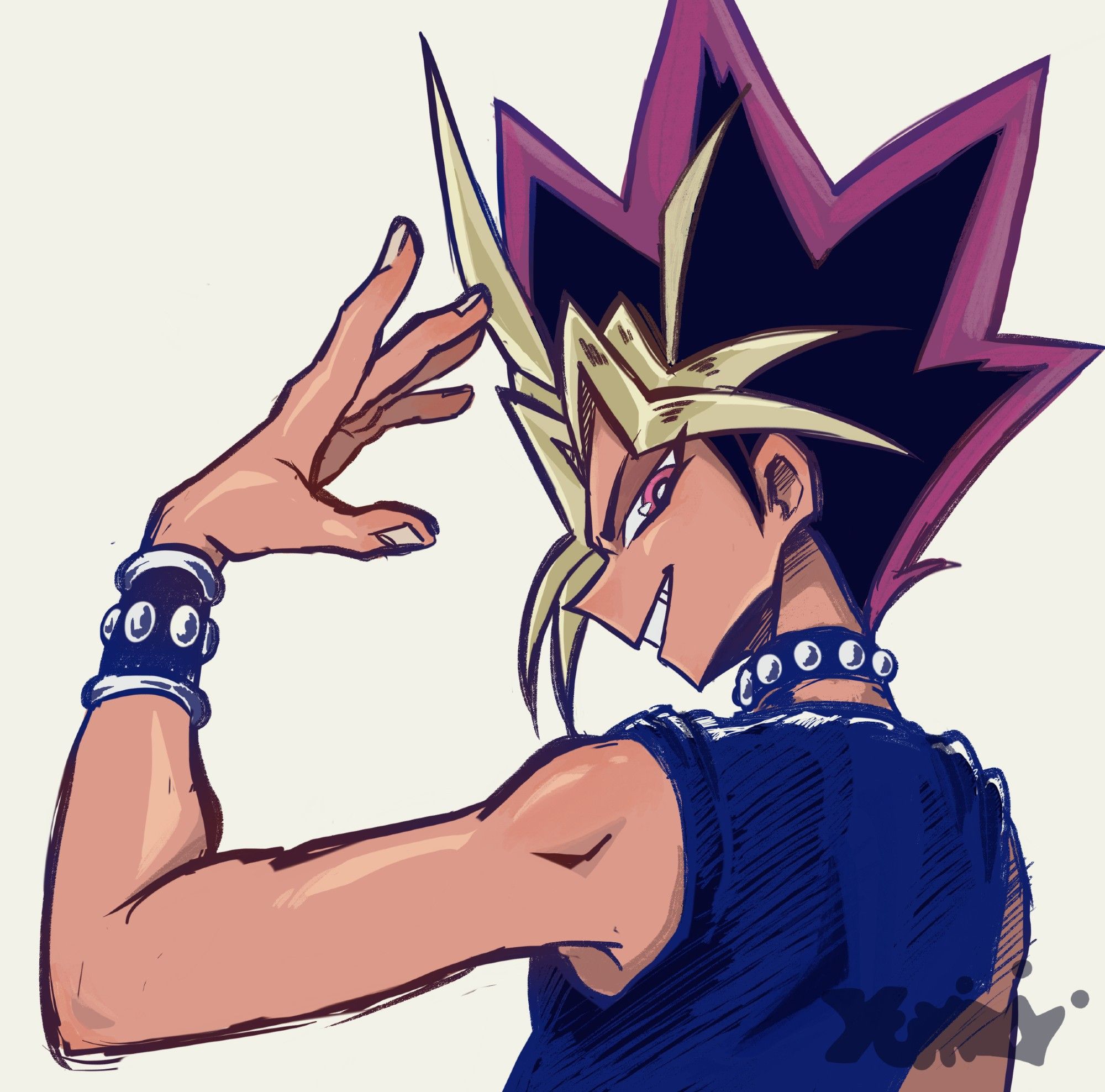 Digital illustration of Yami from Yugioh, posing with a hand to his face and smirking.