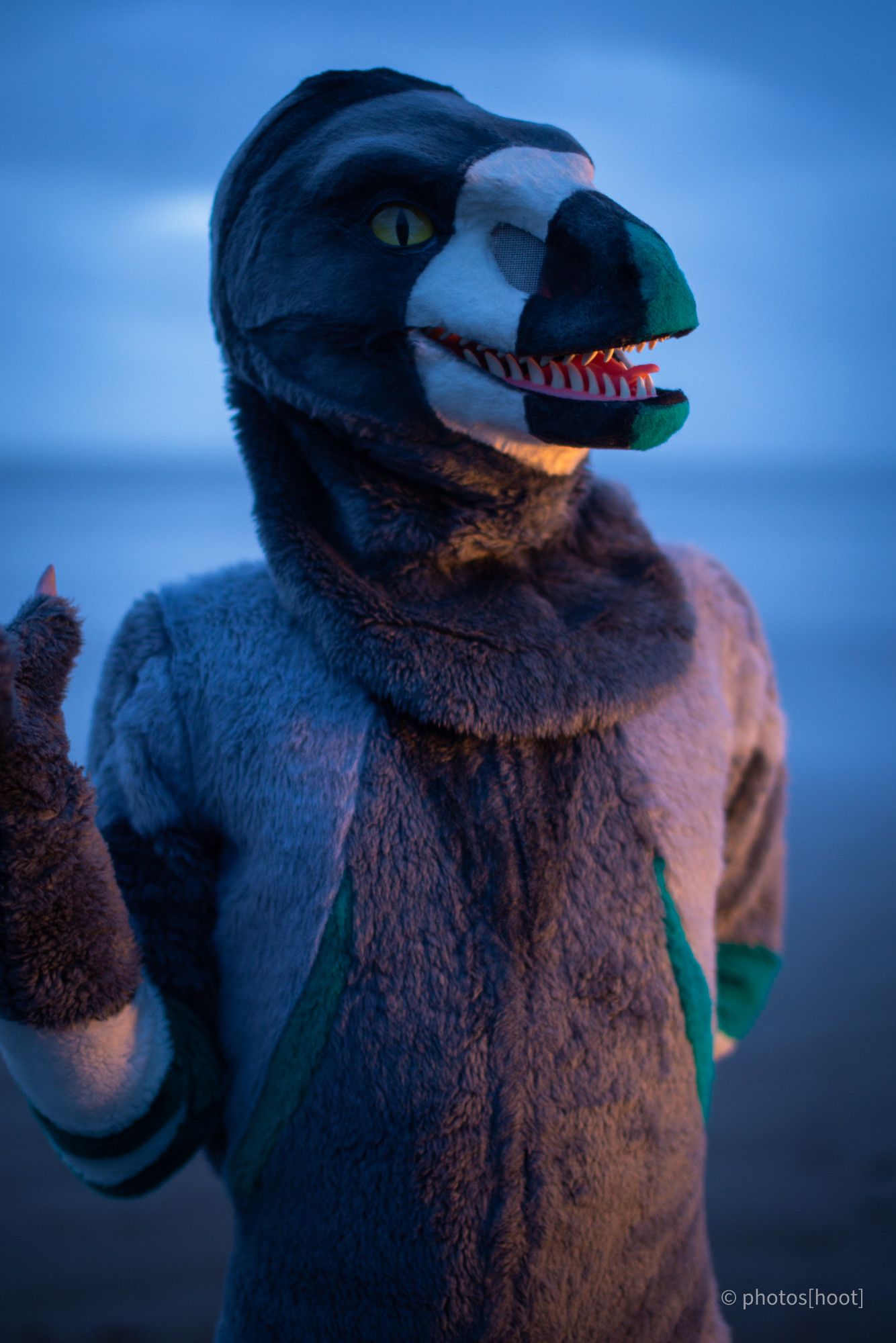 Theta the raptor fursuiter poses on the beach. #Fursuit #Dinosaur