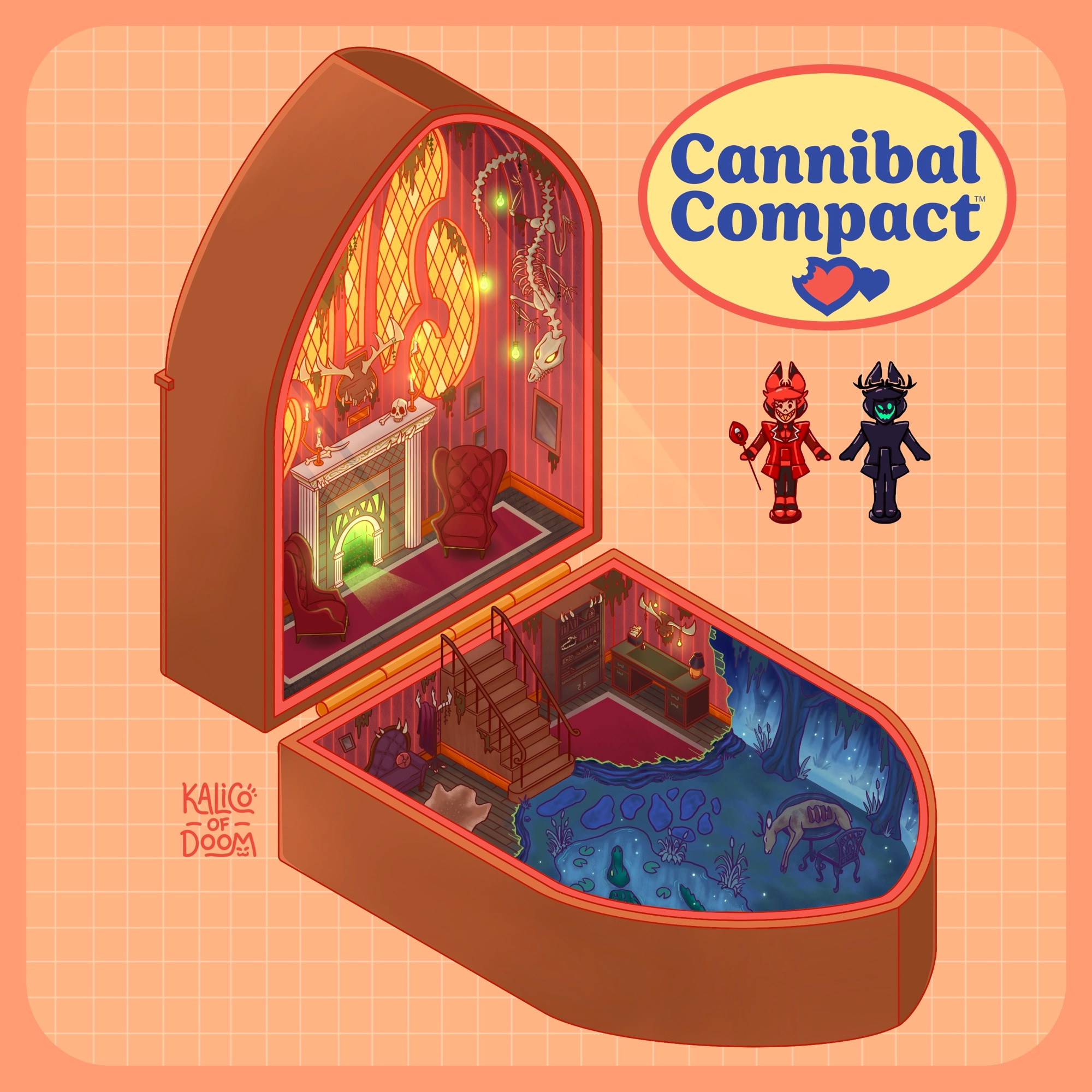 3/4 view concept art of a radio shaped polly pocket that looks like Alastor’s room and bayou from the show