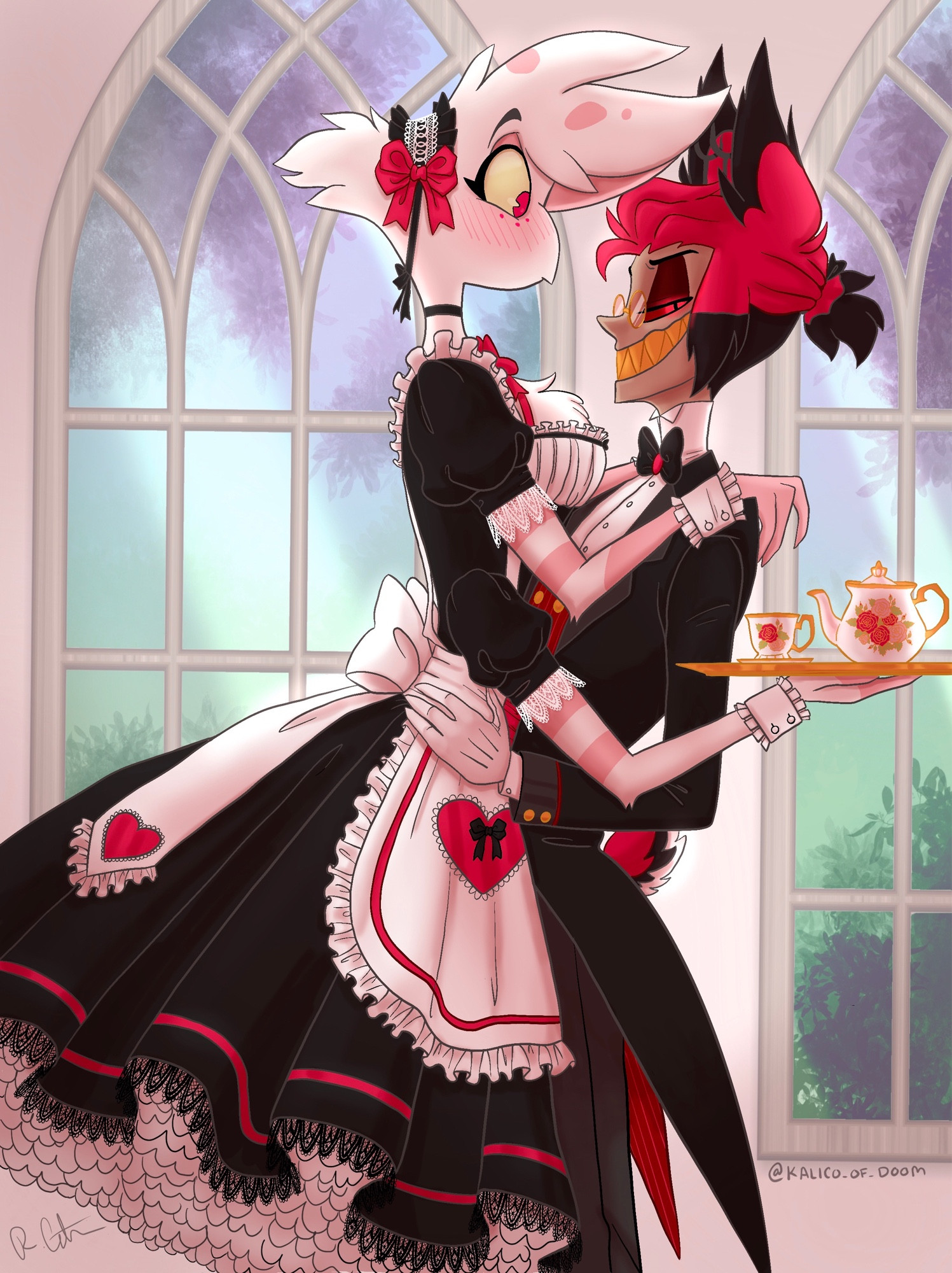 A somewhat oblivious Angel Dust dressed as a maid being held carefully by a rather jealous Alastor in matching butler outfit, who is giving someone just out of sight quite the stink eye