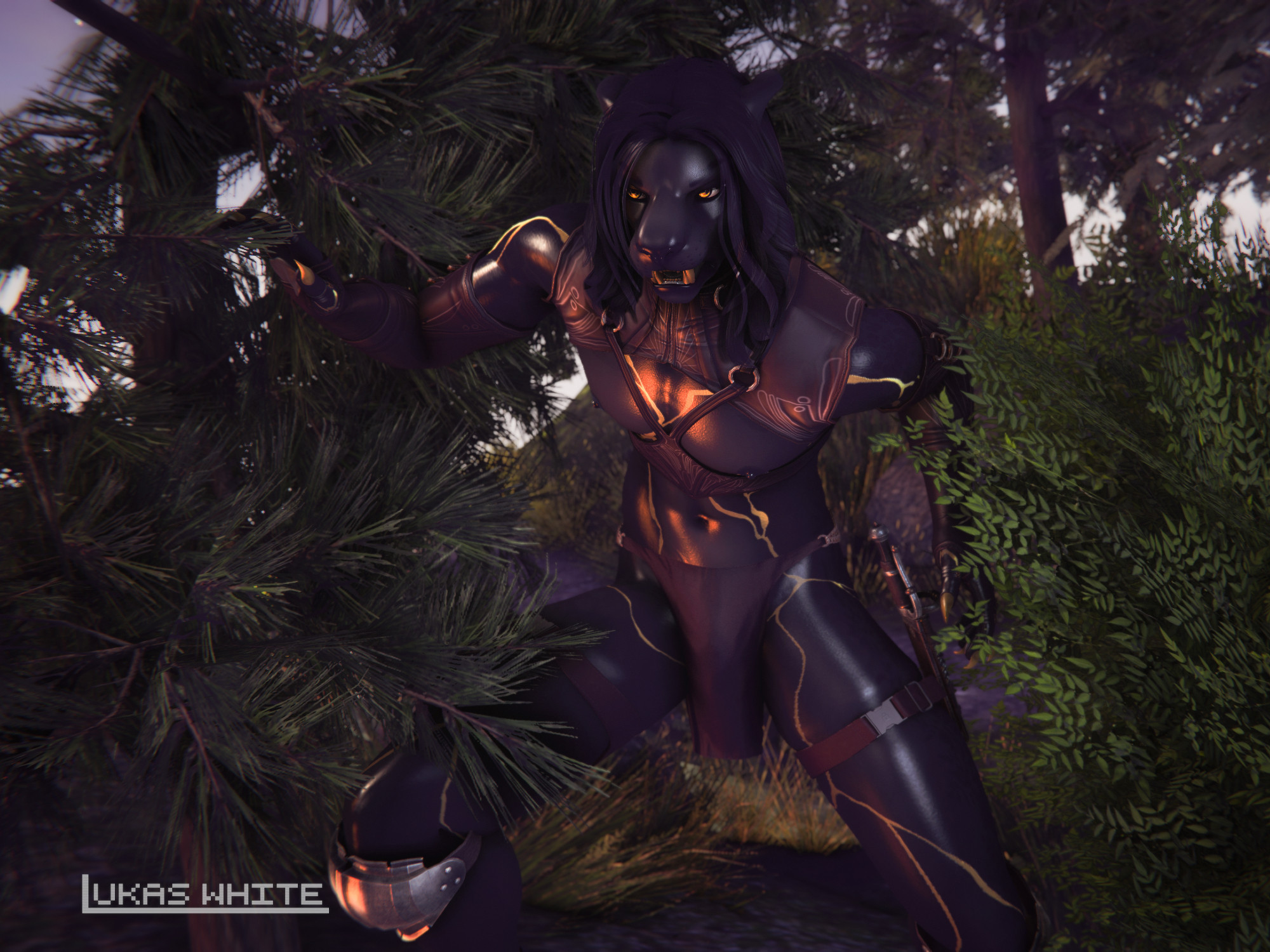 In a Second Life photograph, black panther claws his way through the underbrush in a coniferous forest. His fur is sleek to the point of shining dully in the mid-morning light, and golden cracks shoot through his black fur. He's wearing a brown leather bolero, separate sleeves, and a loincloth, along with straps on his thighs to hold equipment, and shaped plate-armor kneepads, his only real affordance for protection. His lips are curled back in a snarl, revealing golden teeth, and his shining golden eyes peer off to the left, sizing up his prey.