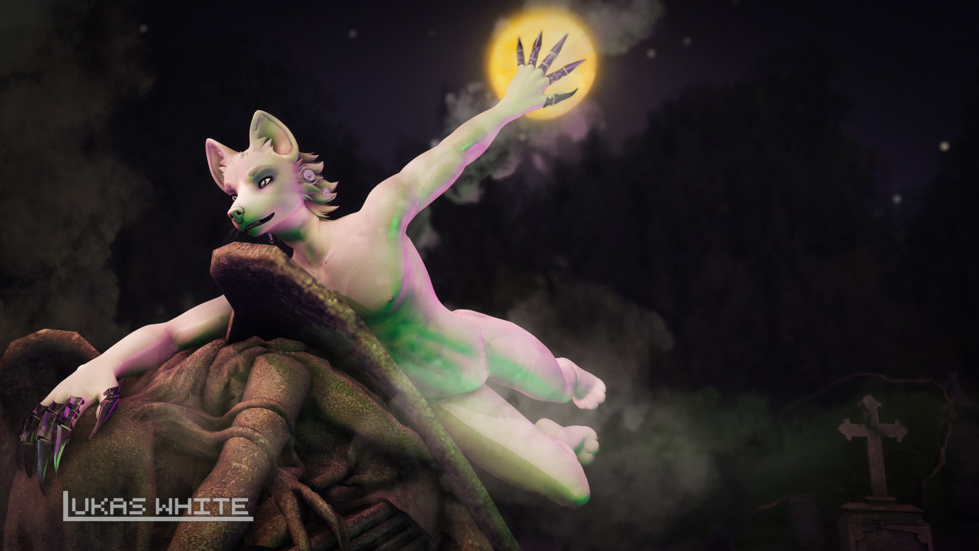 A Second Life photograph in which a ghostly canine is perched atop a statue of an angel in a graveyard. He is shrouded in mist, and illuminated by ethereal green and purple lights. He is unclothed and white-furred, and as a spirit has no genitalia. The angel is hunched over atop a mausoleum, weeping, and the canine's arm is laid out over her back, hand resting on the back of her head. His legs trail behind him weightlessly, and the opposite hand is outstretched behind and above him, claws splayed out in what seems to be an attempt to grasp the moon herself.